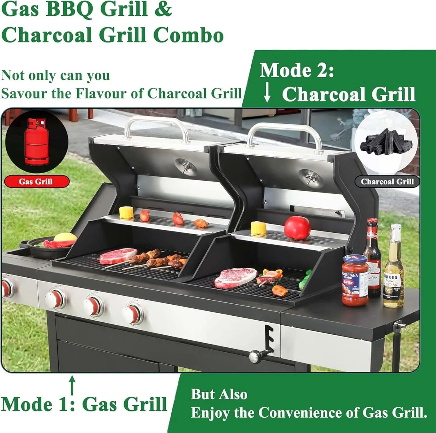 3 Burner Propane Gas and Charcoal Grill Combo with Side Burner & Porcelain-Enameled Cast Iron Grates, 37230BTU Output Dual Fuel Outdoor BBQ Grill for Patio Garden Picnic Backyard Barbecue Cooking