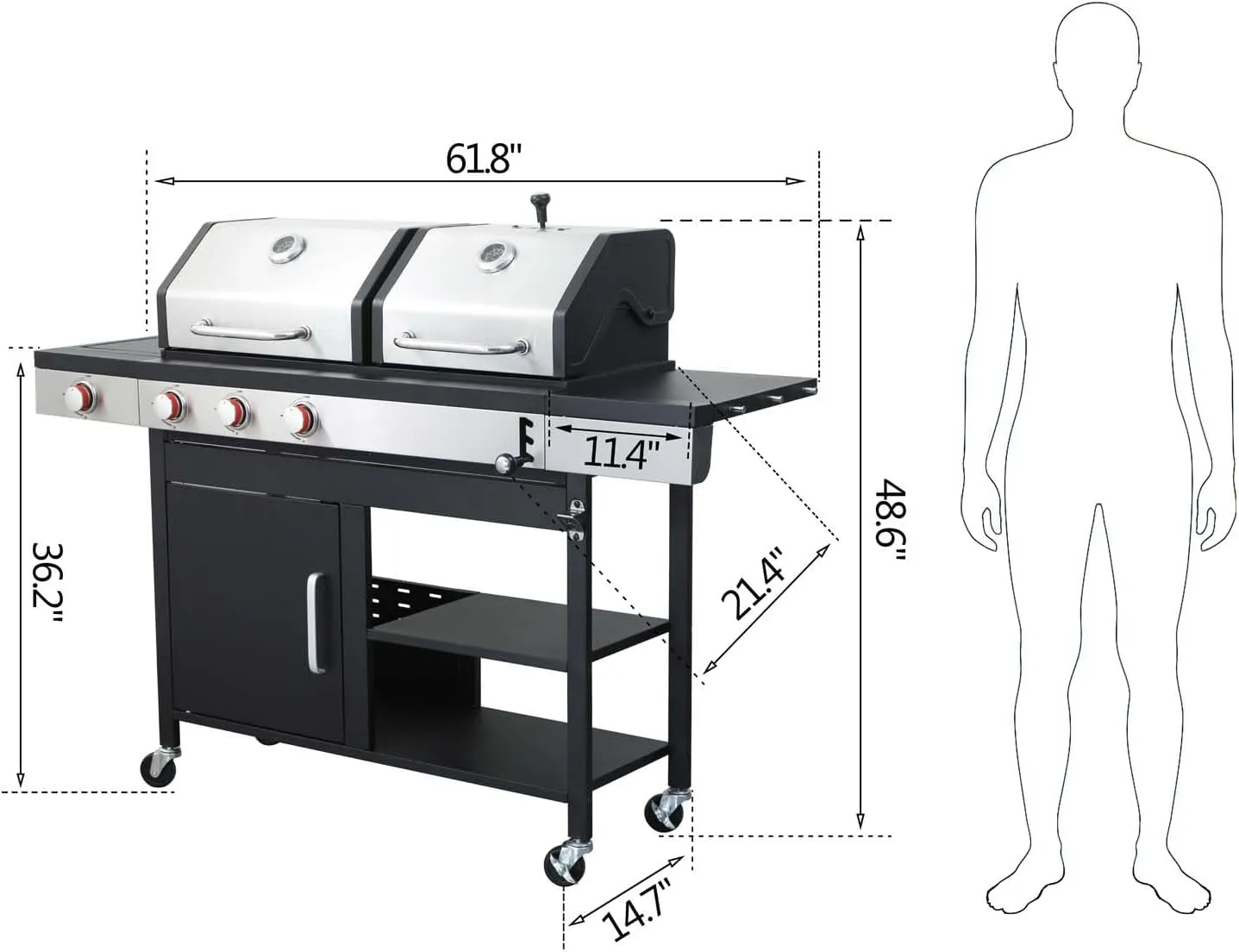 3 Burner Propane Gas and Charcoal Grill Combo with Side Burner & Porcelain-Enameled Cast Iron Grates, 37230BTU Output Dual Fuel Outdoor BBQ Grill for Patio Garden Picnic Backyard Barbecue Cooking
