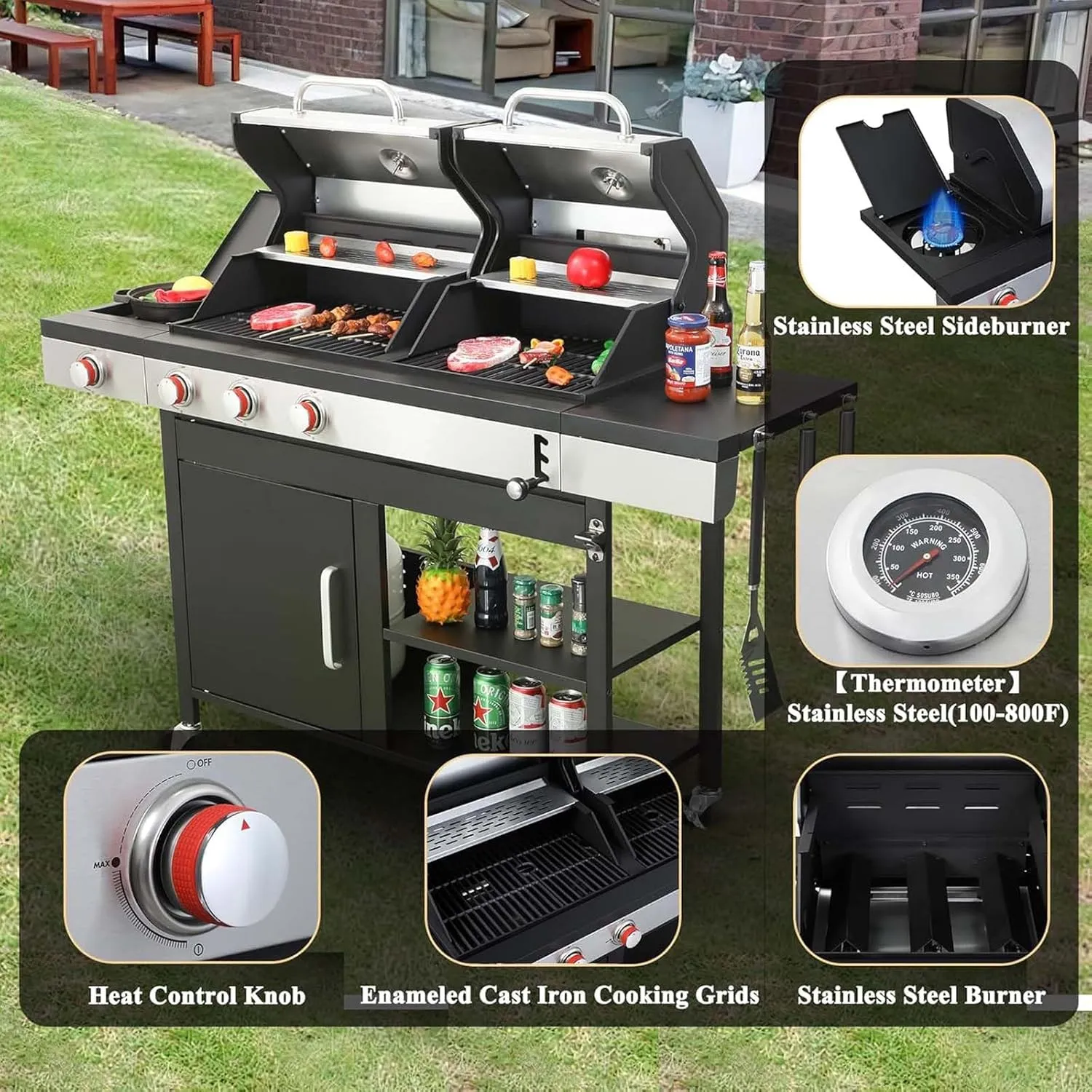 3 Burner Propane Gas and Charcoal Grill Combo with Side Burner & Porcelain-Enameled Cast Iron Grates, 37230BTU Output Dual Fuel Outdoor BBQ Grill for Patio Garden Picnic Backyard Barbecue Cooking