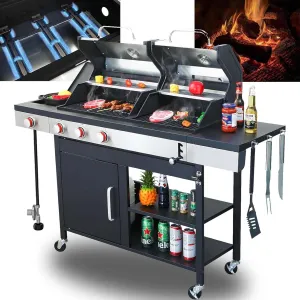 3 Burner Propane Gas and Charcoal Grill Combo with Side Burner & Porcelain-Enameled Cast Iron Grates, 37230BTU Output Dual Fuel Outdoor BBQ Grill for Patio Garden Picnic Backyard Barbecue Cooking