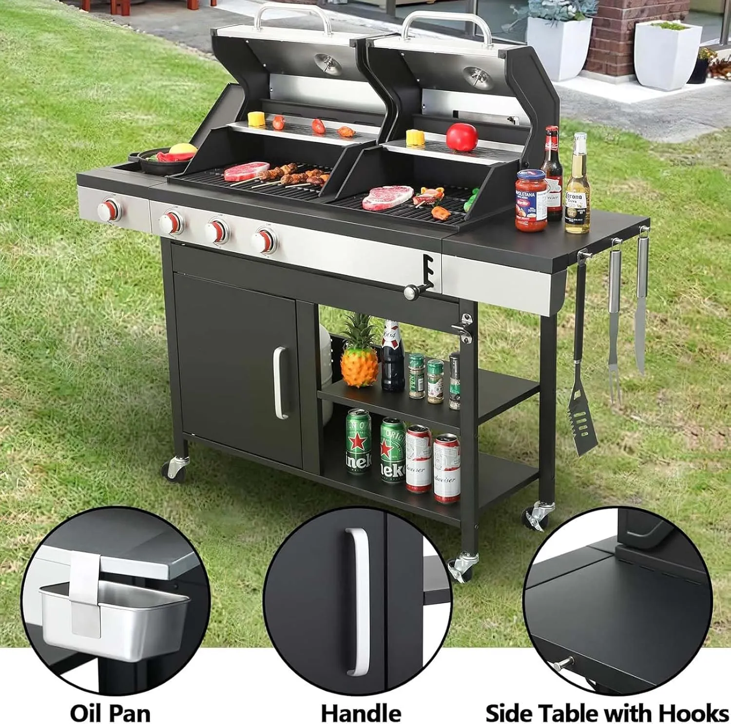 3 Burner Propane Gas and Charcoal Grill Combo with Side Burner & Porcelain-Enameled Cast Iron Grates, 37230BTU Output Dual Fuel Outdoor BBQ Grill for Patio Garden Picnic Backyard Barbecue Cooking