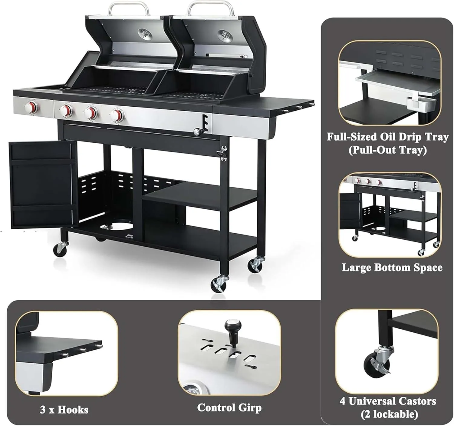 3 Burner Propane Gas and Charcoal Grill Combo with Side Burner & Porcelain-Enameled Cast Iron Grates, 37230BTU Output Dual Fuel Outdoor BBQ Grill for Patio Garden Picnic Backyard Barbecue Cooking