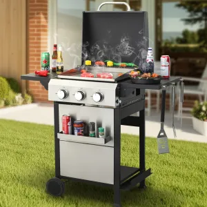 3 Burner Propane Gas Grill and Griddle Combo, Propane BBQ Grill with Foldable Side Table, Hanging Basket, and Tool Hooks for Backyard Camping Cooking, 2 in 1, 36,900BTU Output