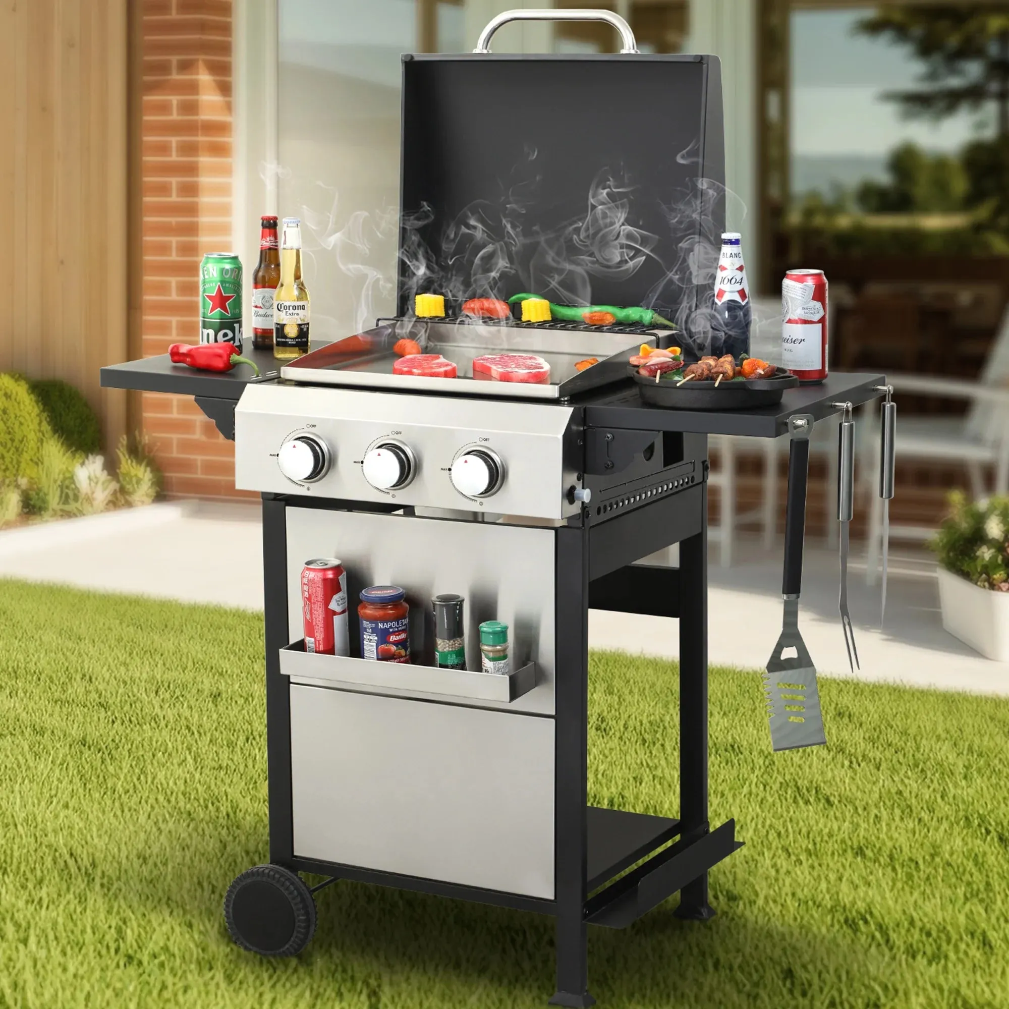 3 Burner Propane Gas Grill and Griddle Combo, Propane BBQ Grill with Foldable Side Table, Hanging Basket, and Tool Hooks for Backyard Camping Cooking, 2 in 1, 36,900BTU Output
