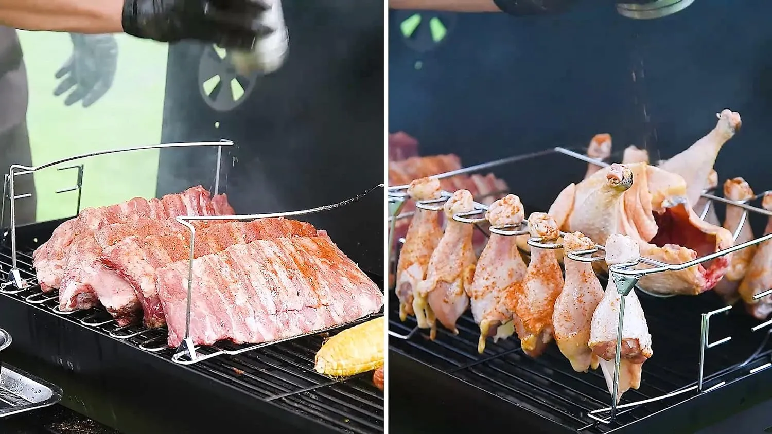 3-In-1 Rib Rack for Smoking & Chicken Leg Rack for Grill - Holds 6 Large Ribs, 12 Chicken Leg Wing, 1 Whole Chicken - Premium Foldable Space-Saving Chicken Drumstick Rib Racks for Grilling & Smoking