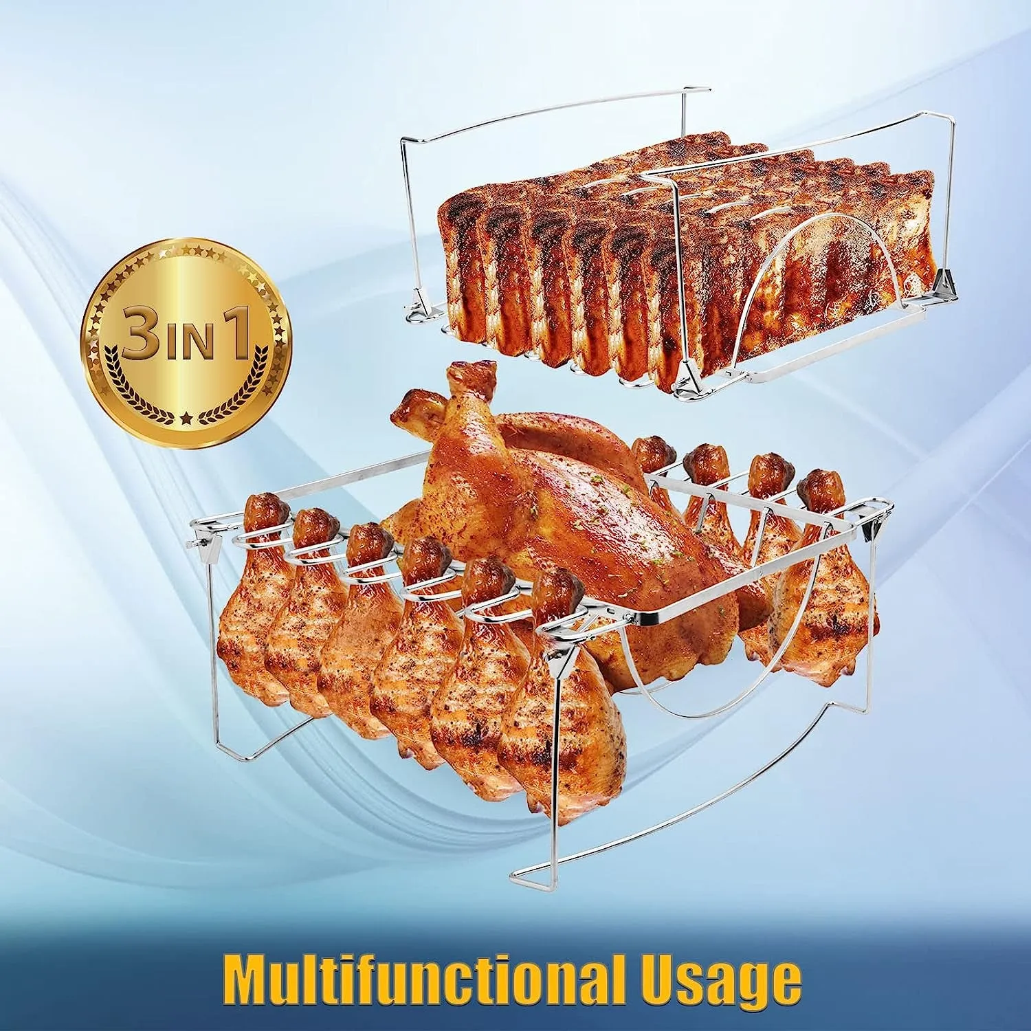 3-In-1 Rib Rack for Smoking & Chicken Leg Rack for Grill - Holds 6 Large Ribs, 12 Chicken Leg Wing, 1 Whole Chicken - Premium Foldable Space-Saving Chicken Drumstick Rib Racks for Grilling & Smoking