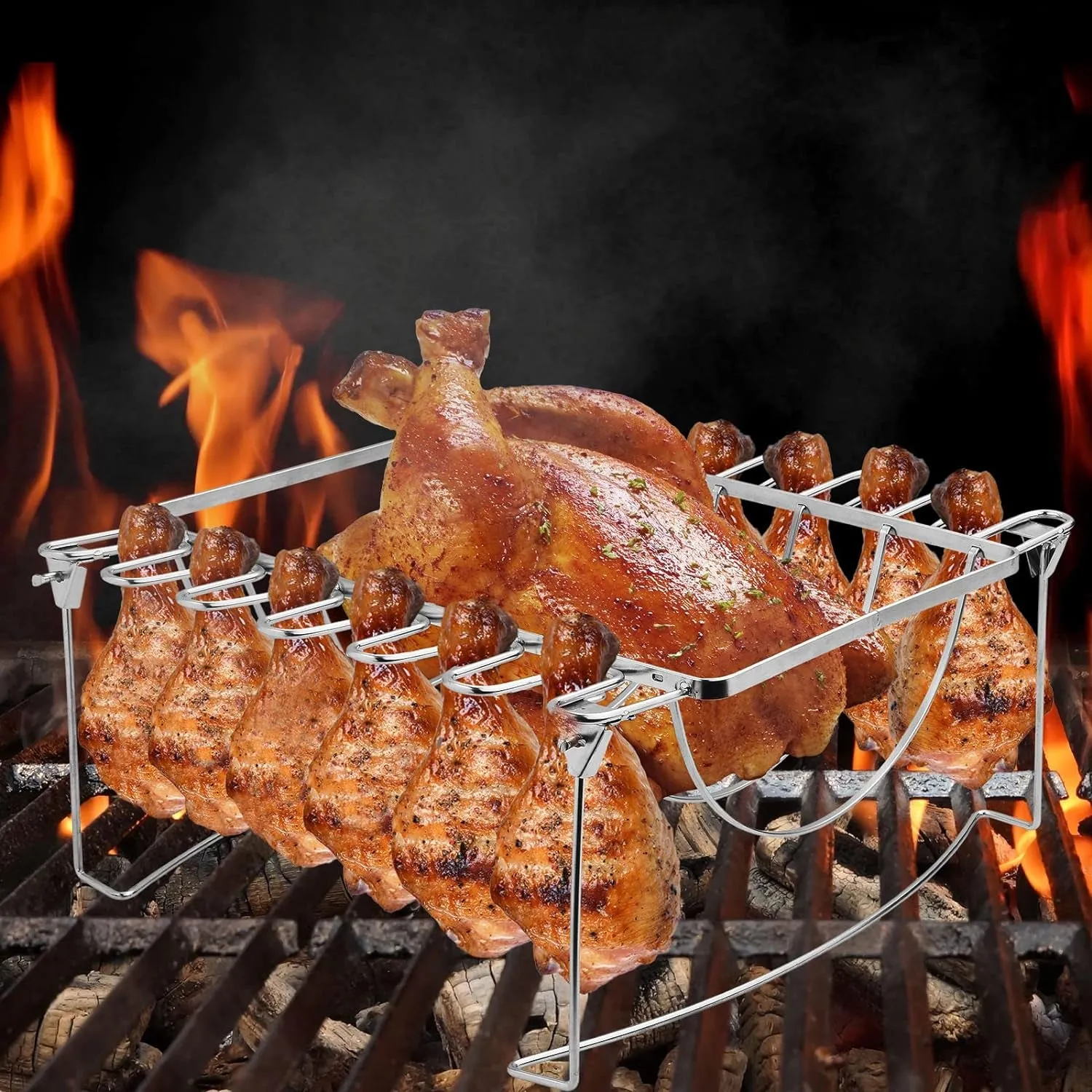 3-In-1 Rib Rack for Smoking & Chicken Leg Rack for Grill - Holds 6 Large Ribs, 12 Chicken Leg Wing, 1 Whole Chicken - Premium Foldable Space-Saving Chicken Drumstick Rib Racks for Grilling & Smoking