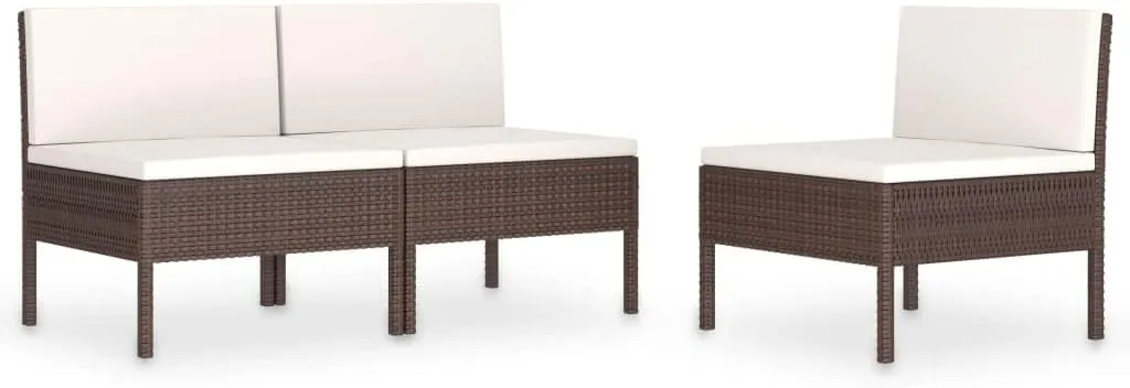 3 Pcs Brown Poly Rattan Patio Chairs with Cream White Cushions - Outdoor Lounge Seating Set for Backyard, Porch, and Poolside