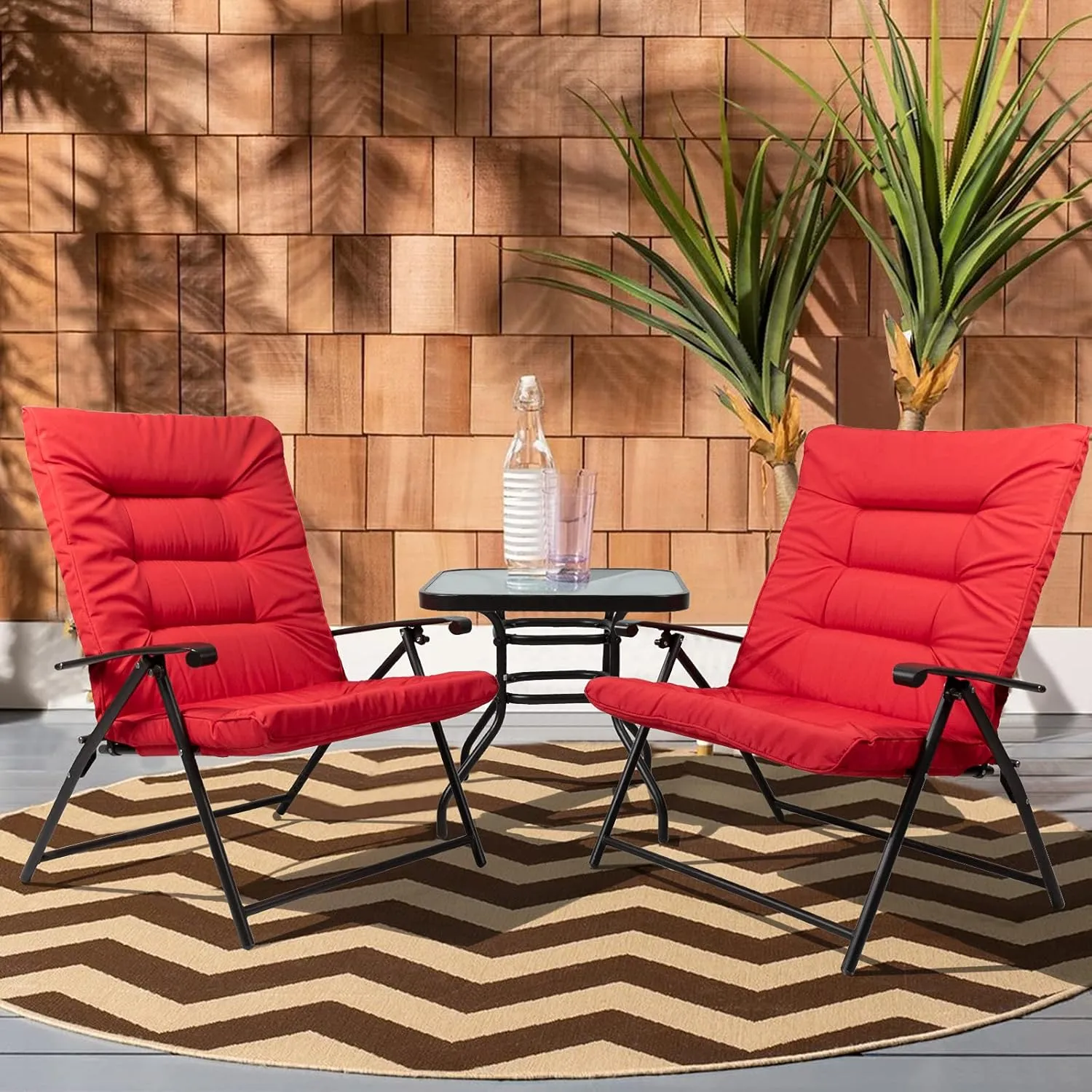 3 Pieces Patio Padded Folding Chair, Outdoor Adjustable Reclining Lounge Chairs with Tempered Glass Table (Red)