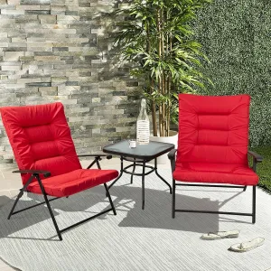 3 Pieces Patio Padded Folding Chair, Outdoor Adjustable Reclining Lounge Chairs with Tempered Glass Table (Red)