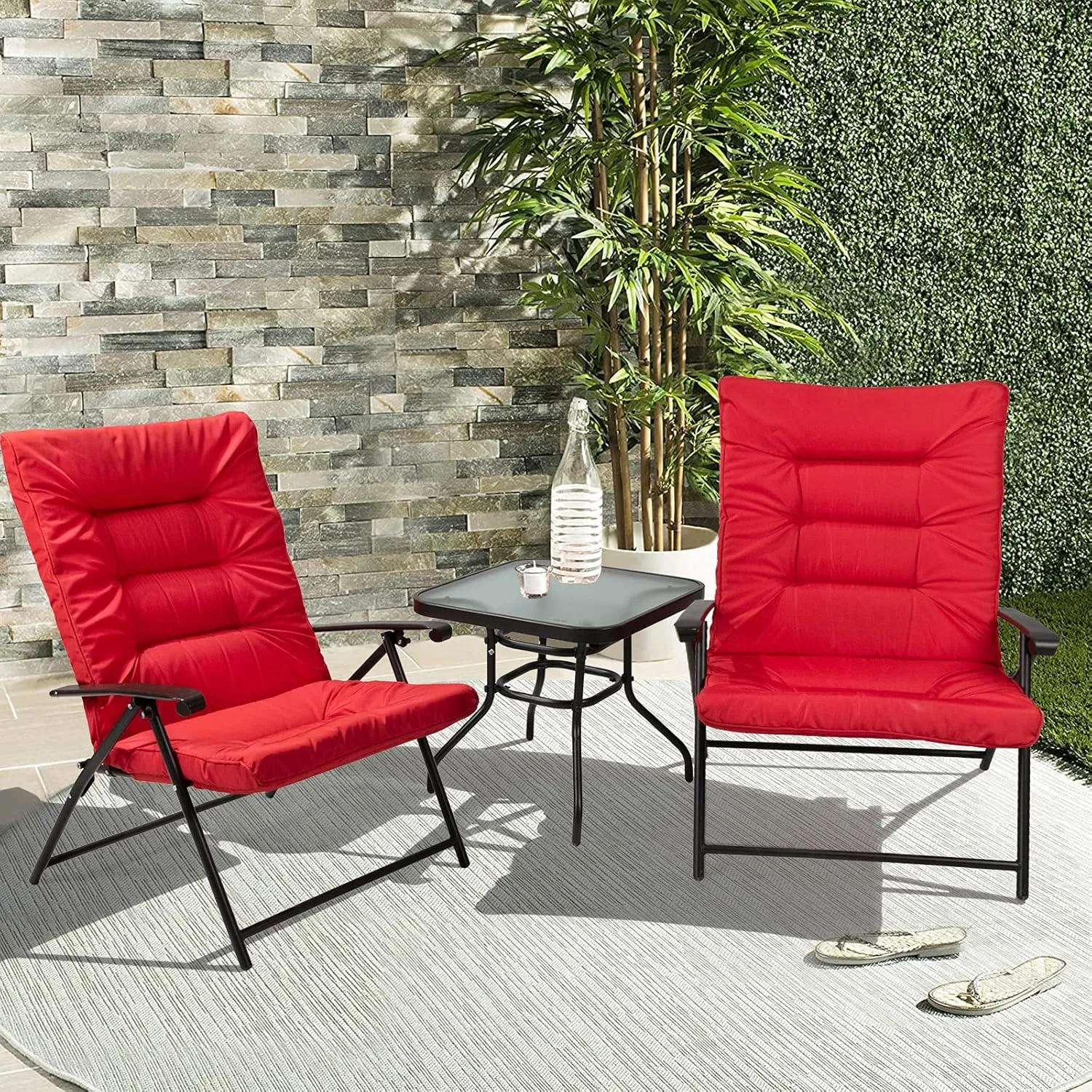 3 Pieces Patio Padded Folding Chair, Outdoor Adjustable Reclining Lounge Chairs with Tempered Glass Table (Red)
