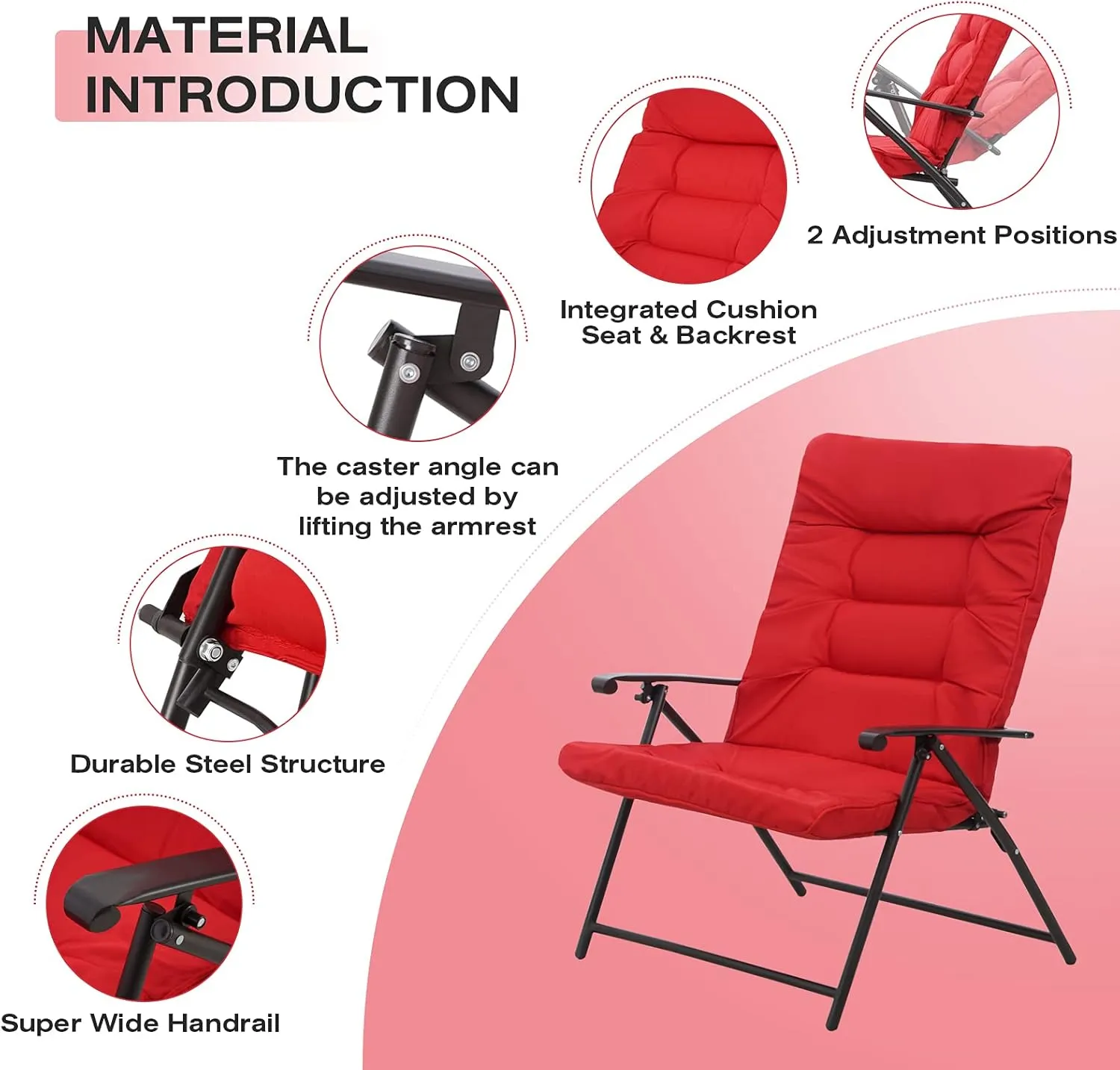 3 Pieces Patio Padded Folding Chair, Outdoor Adjustable Reclining Lounge Chairs with Tempered Glass Table (Red)
