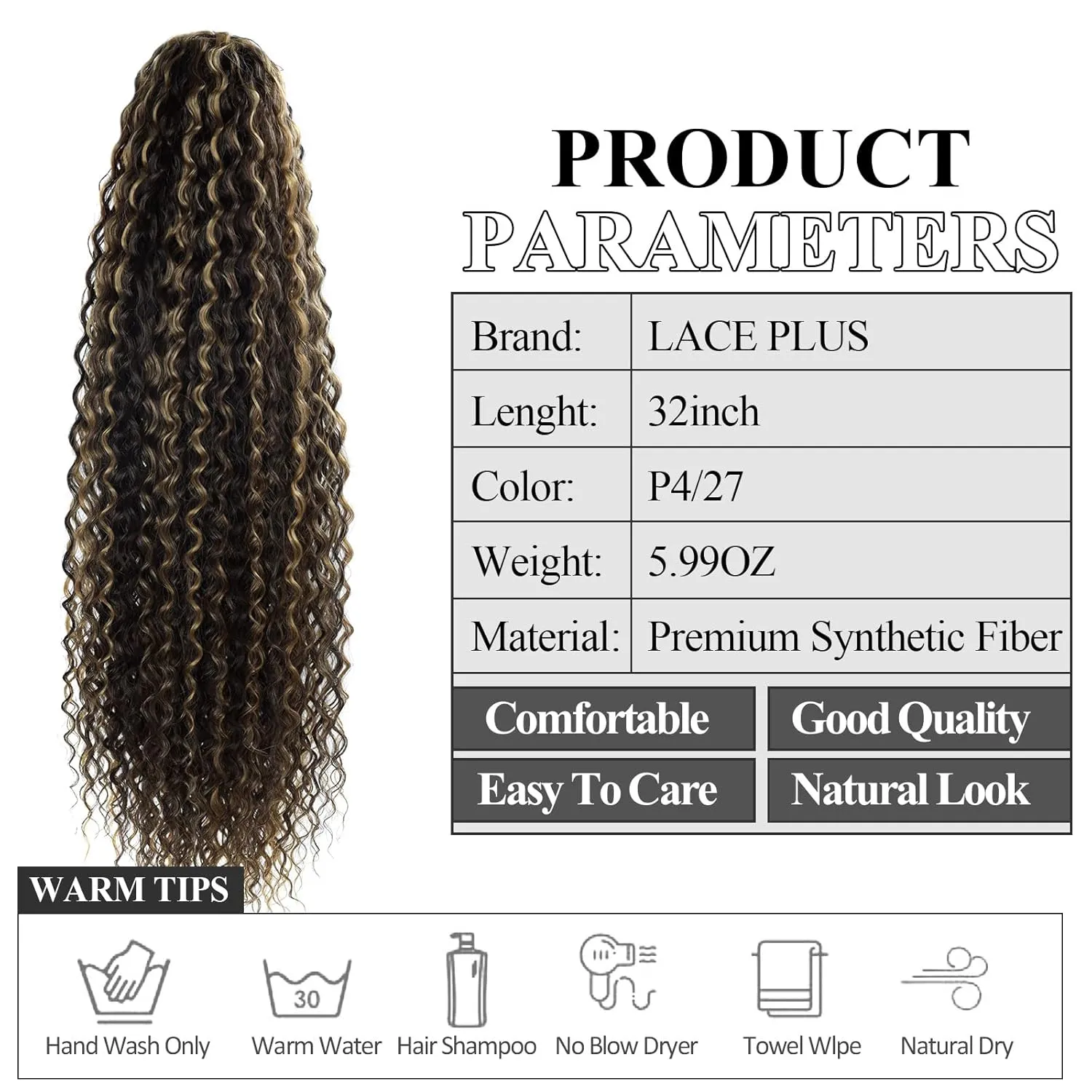 32 Inch Long Curly Ponytail Hair Extension Curly Clip In Wave Natural Brown Drawstring Ponytail Extensions Synthetic Hair Curls Hairpiece For Black Women (P4/27#， 6.70OZ)