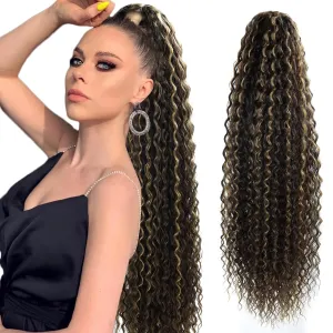 32 Inch Long Curly Ponytail Hair Extension Curly Clip In Wave Natural Brown Drawstring Ponytail Extensions Synthetic Hair Curls Hairpiece For Black Women (P4/27#， 6.70OZ)