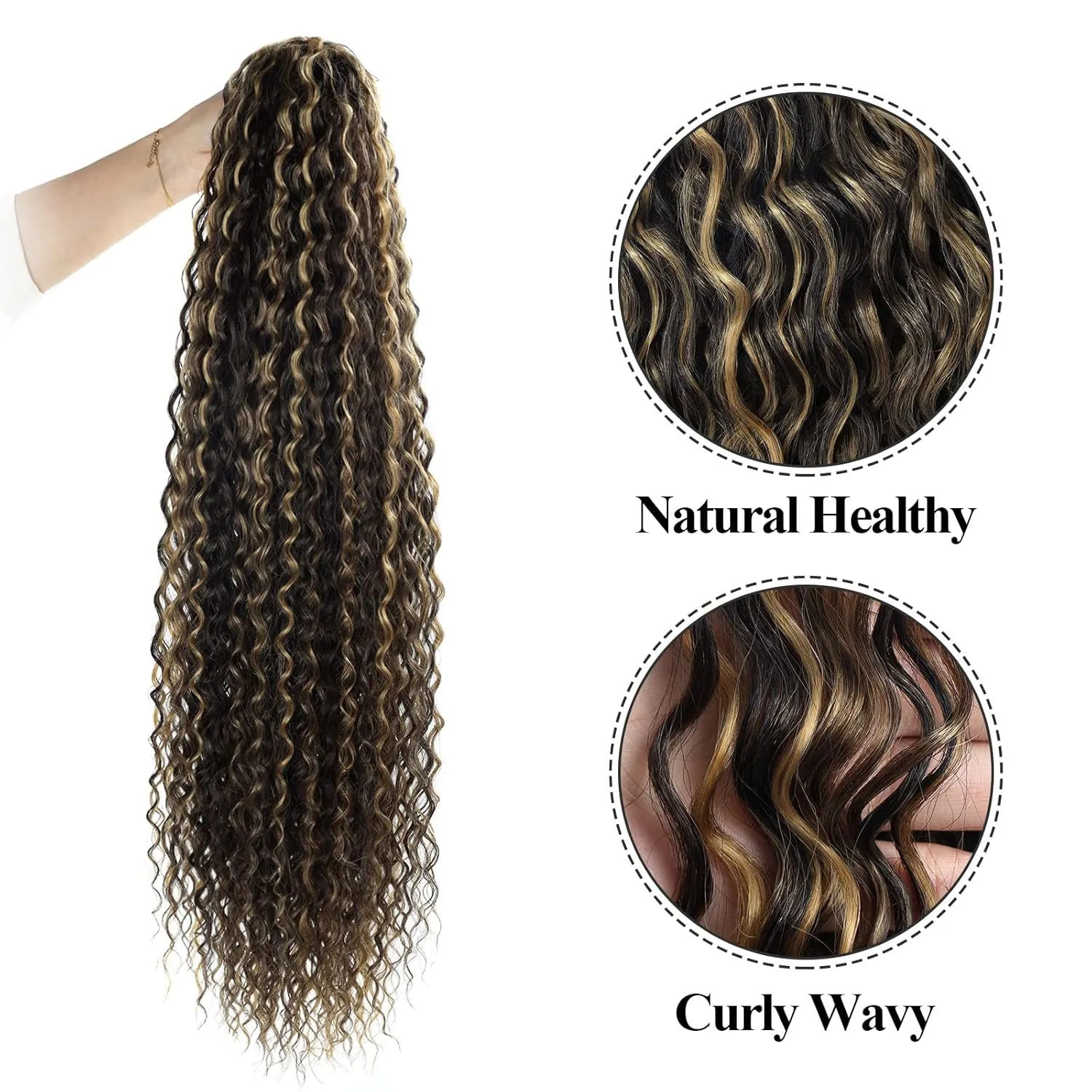 32 Inch Long Curly Ponytail Hair Extension Curly Clip In Wave Natural Brown Drawstring Ponytail Extensions Synthetic Hair Curls Hairpiece For Black Women (P4/27#， 6.70OZ)