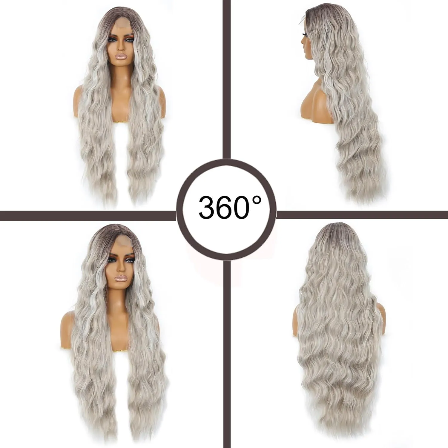 36 Inch Middle Part Body Wave Lace Front Wigs Synthetic Hair For Women Ombre Grey Colored Lace Wigs (36 Inch Ombre Grey Wavy Wig)