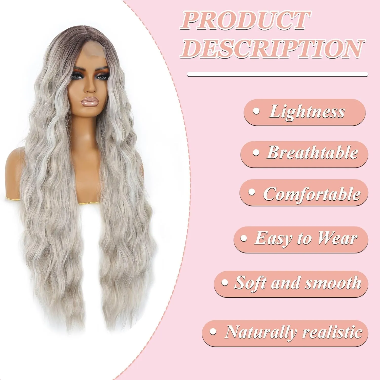 36 Inch Middle Part Body Wave Lace Front Wigs Synthetic Hair For Women Ombre Grey Colored Lace Wigs (36 Inch Ombre Grey Wavy Wig)