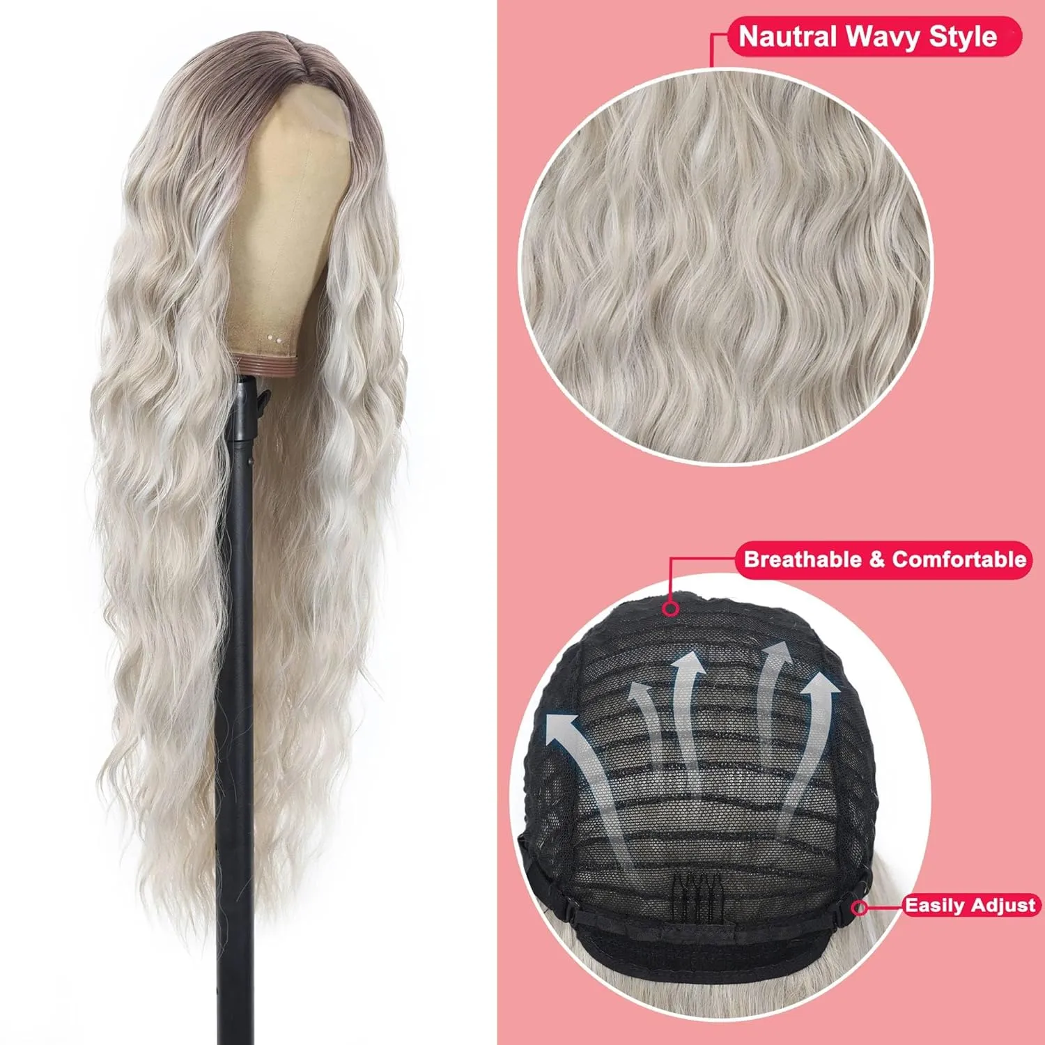 36 Inch Middle Part Body Wave Lace Front Wigs Synthetic Hair For Women Ombre Grey Colored Lace Wigs (36 Inch Ombre Grey Wavy Wig)