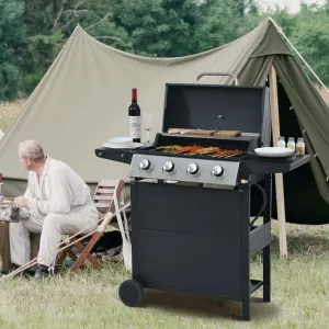 4 Burner BBQ Propane Gas Grill, Stainless Steel 34200 BTU Patio Garden Barbecue Grill with Two Foldable Side Tables and Portable Wheels, Black