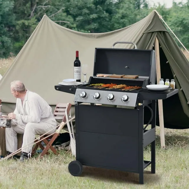 4 Burner BBQ Propane Gas Grill, Stainless Steel 34200 BTU Patio Garden Barbecue Grill with Two Foldable Side Tables and Portable Wheels, Black