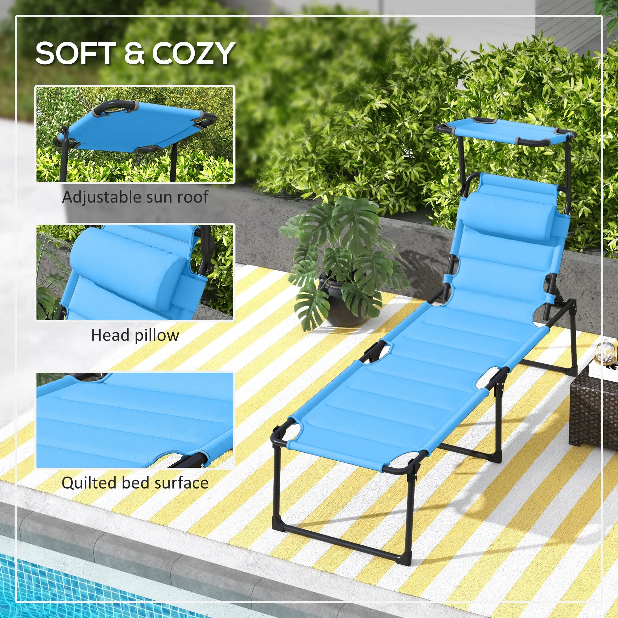 4-Position Adjustable Folding Cushioned Lounge Chair with Sun Shade Roof & Pillow, Blue