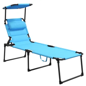 4-Position Adjustable Folding Cushioned Lounge Chair with Sun Shade Roof & Pillow, Blue