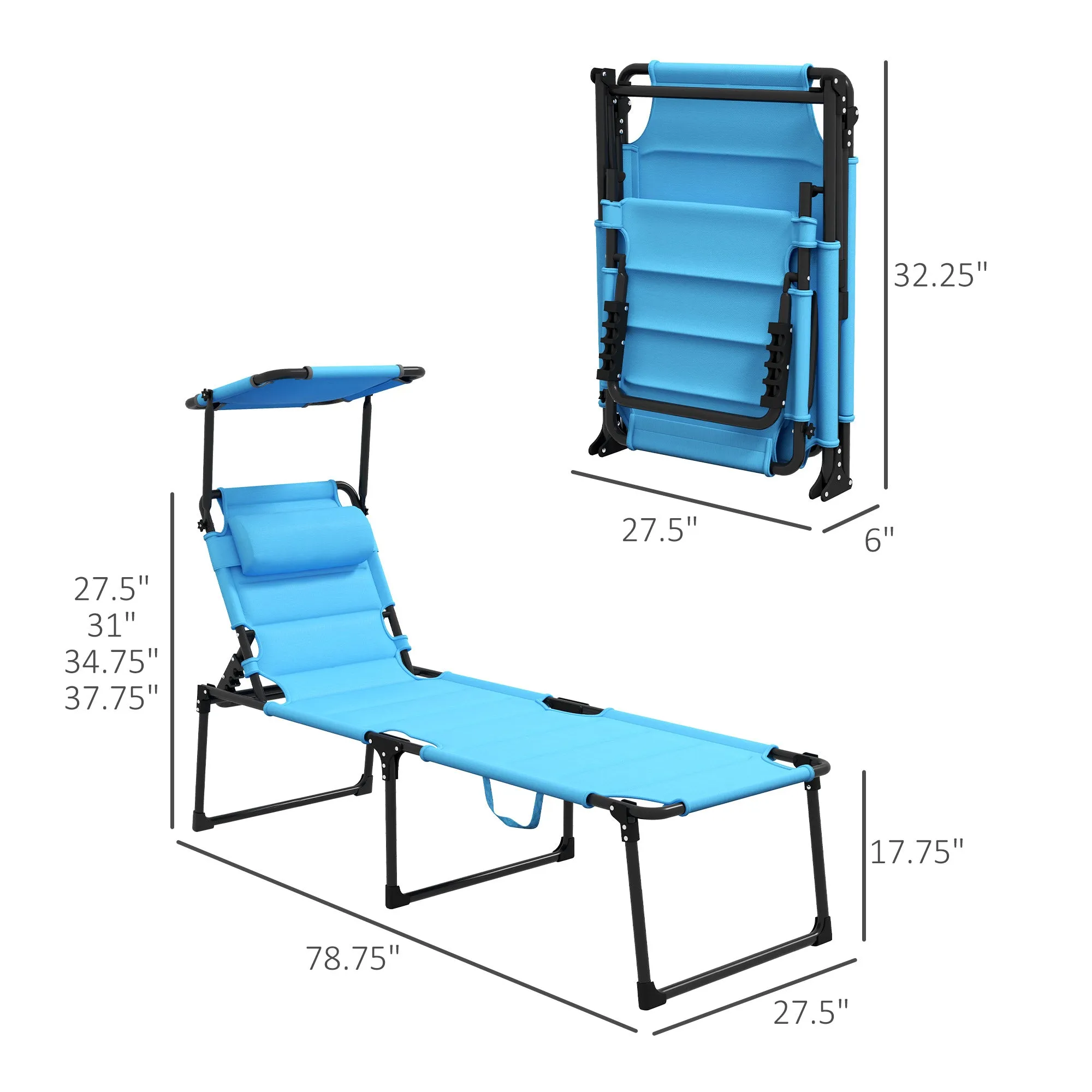 4-Position Adjustable Folding Cushioned Lounge Chair with Sun Shade Roof & Pillow, Blue