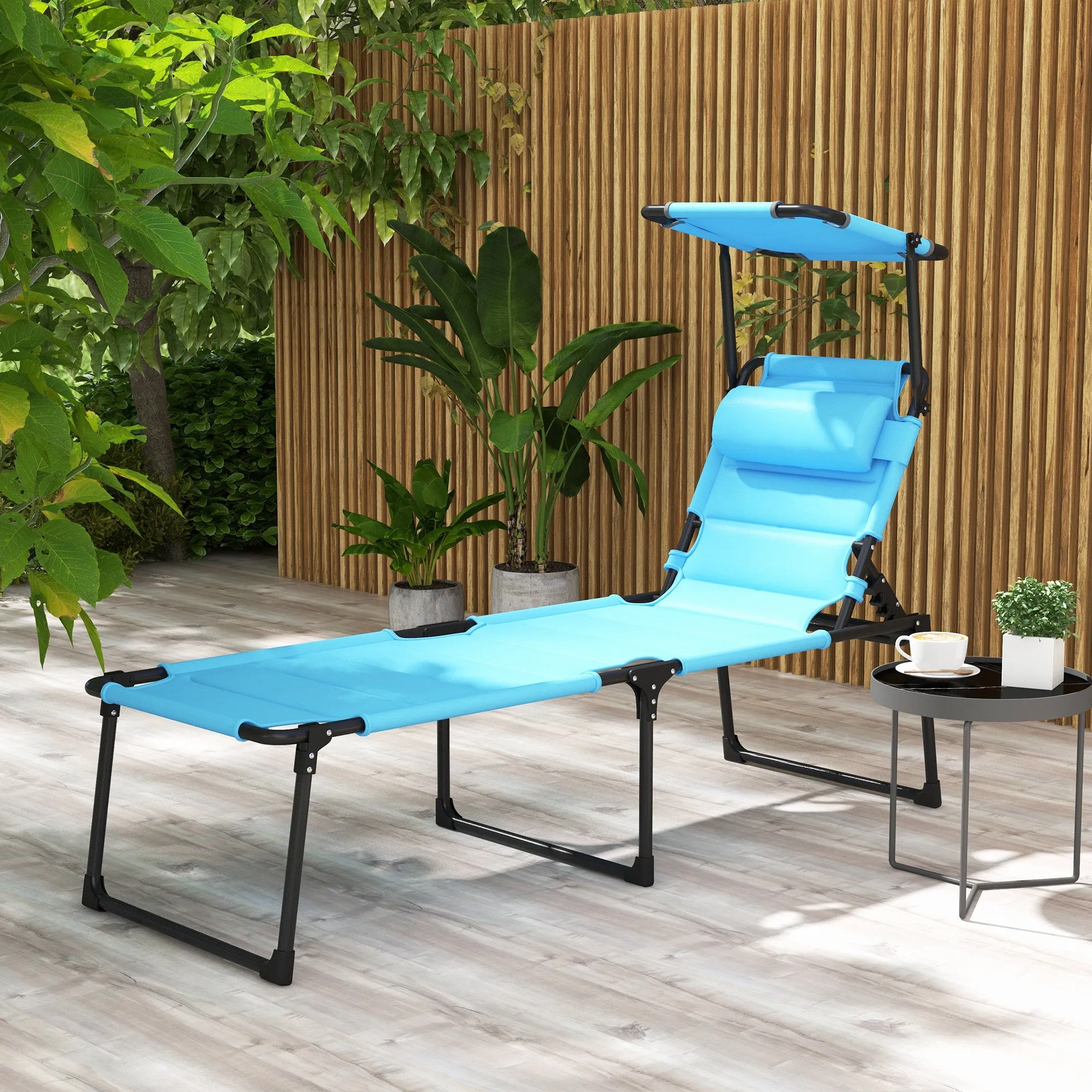 4-Position Adjustable Folding Cushioned Lounge Chair with Sun Shade Roof & Pillow, Blue