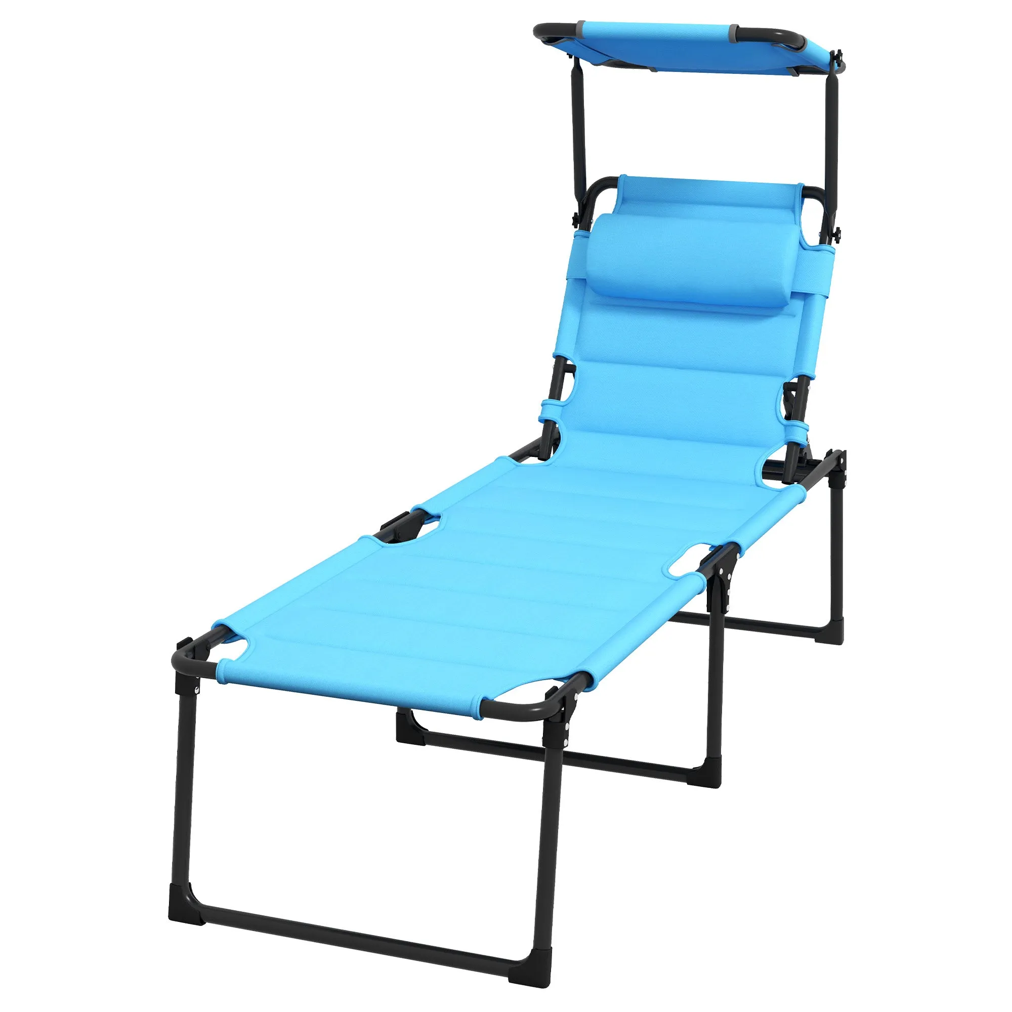 4-Position Adjustable Folding Cushioned Lounge Chair with Sun Shade Roof & Pillow, Blue