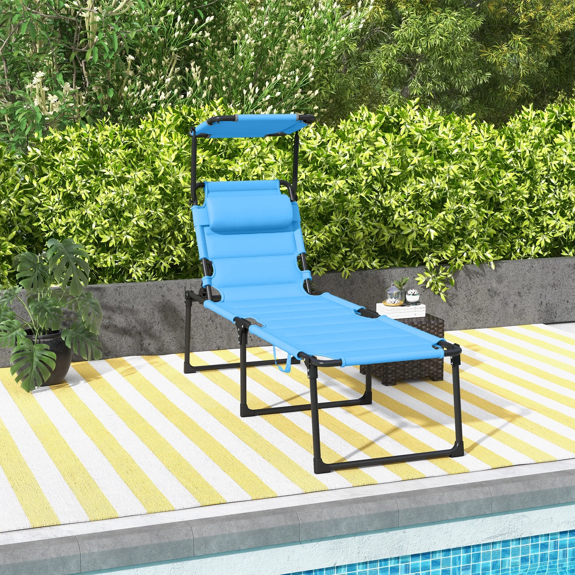 4-Position Adjustable Folding Cushioned Lounge Chair with Sun Shade Roof & Pillow, Blue