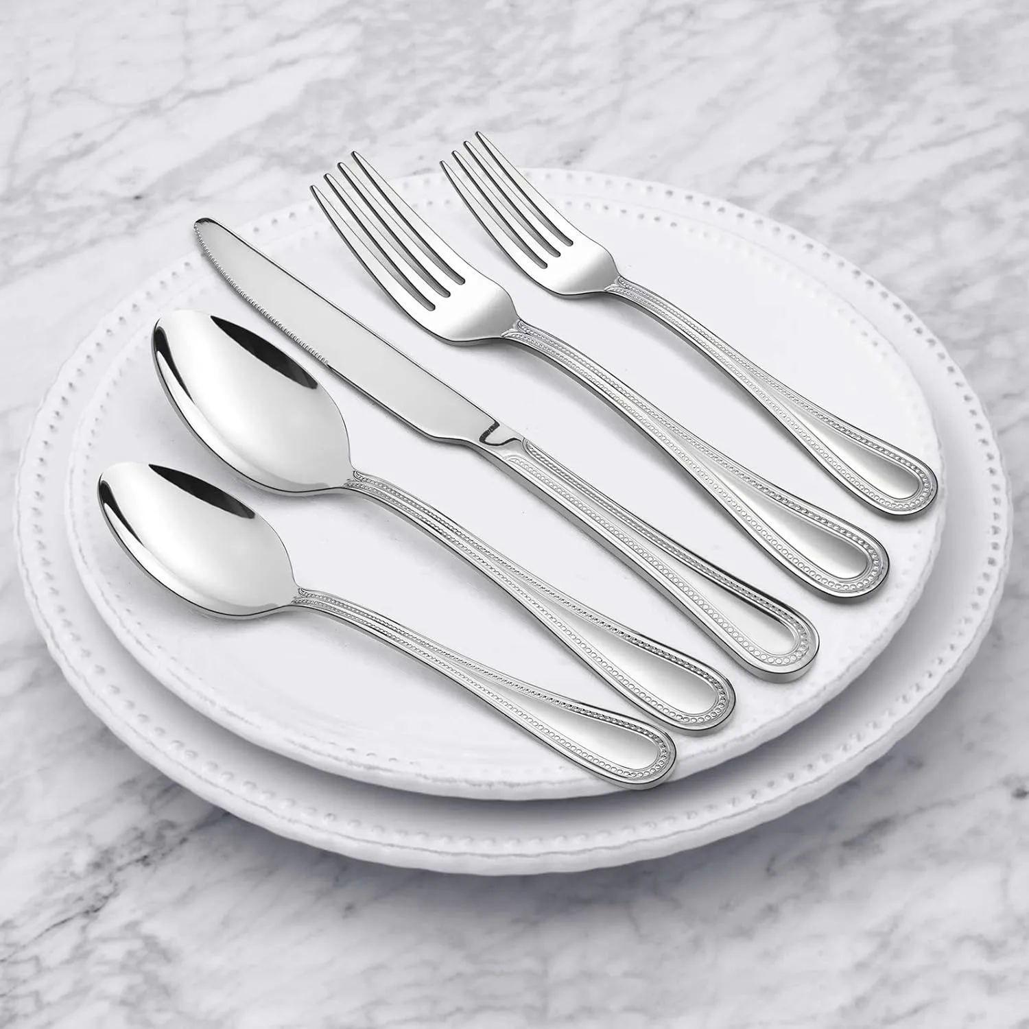 40-Piece Silverware Set, HaWare Stainless Steel Flatware Service for 8, Pearled Edge Tableware Cutlery Include Knife/Fork/Spoon, Beading Eating Utensil for Home, Mirror Polished, Dishwasher Safe