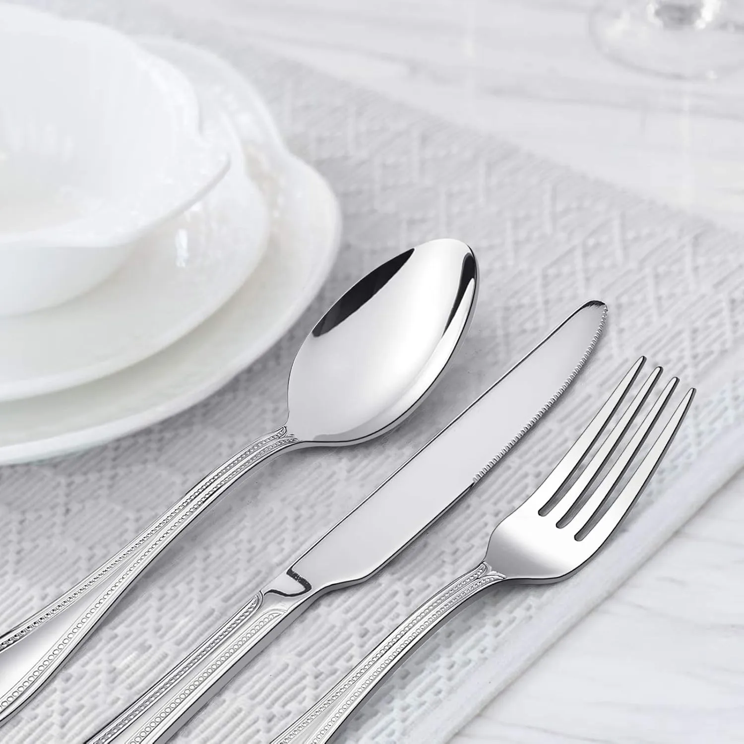 40-Piece Silverware Set, HaWare Stainless Steel Flatware Service for 8, Pearled Edge Tableware Cutlery Include Knife/Fork/Spoon, Beading Eating Utensil for Home, Mirror Polished, Dishwasher Safe