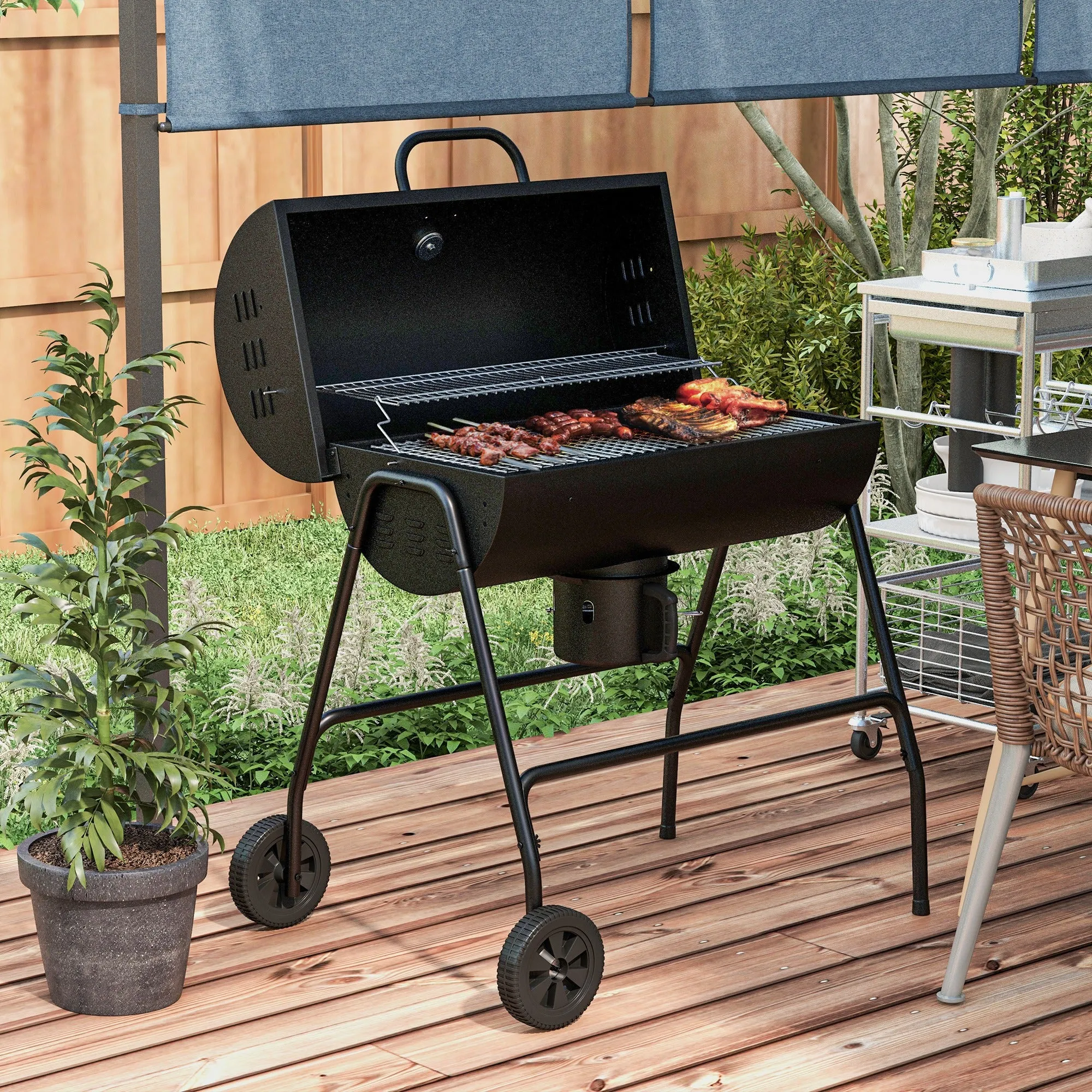420 sq.in Charcoal BBQ Grill with Wheels, Ash Catcher, Black