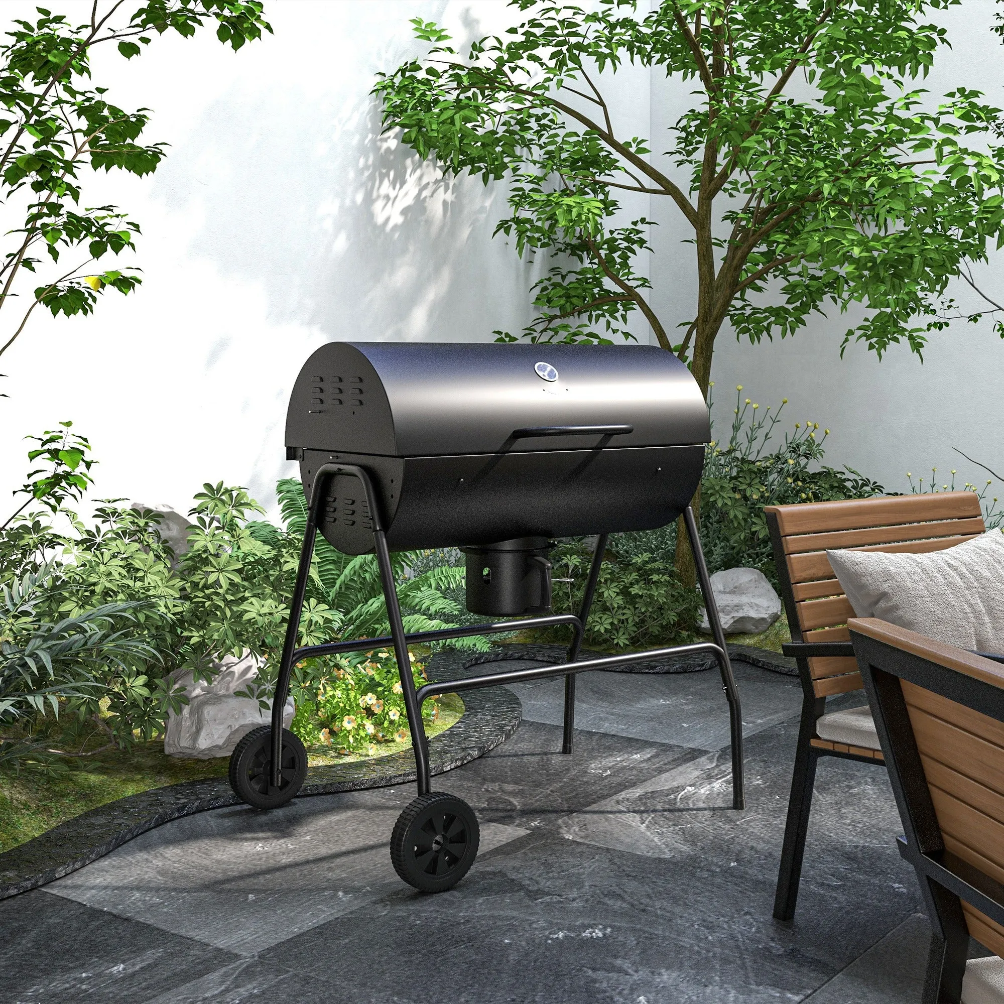 420 sq.in Charcoal BBQ Grill with Wheels, Ash Catcher, Black