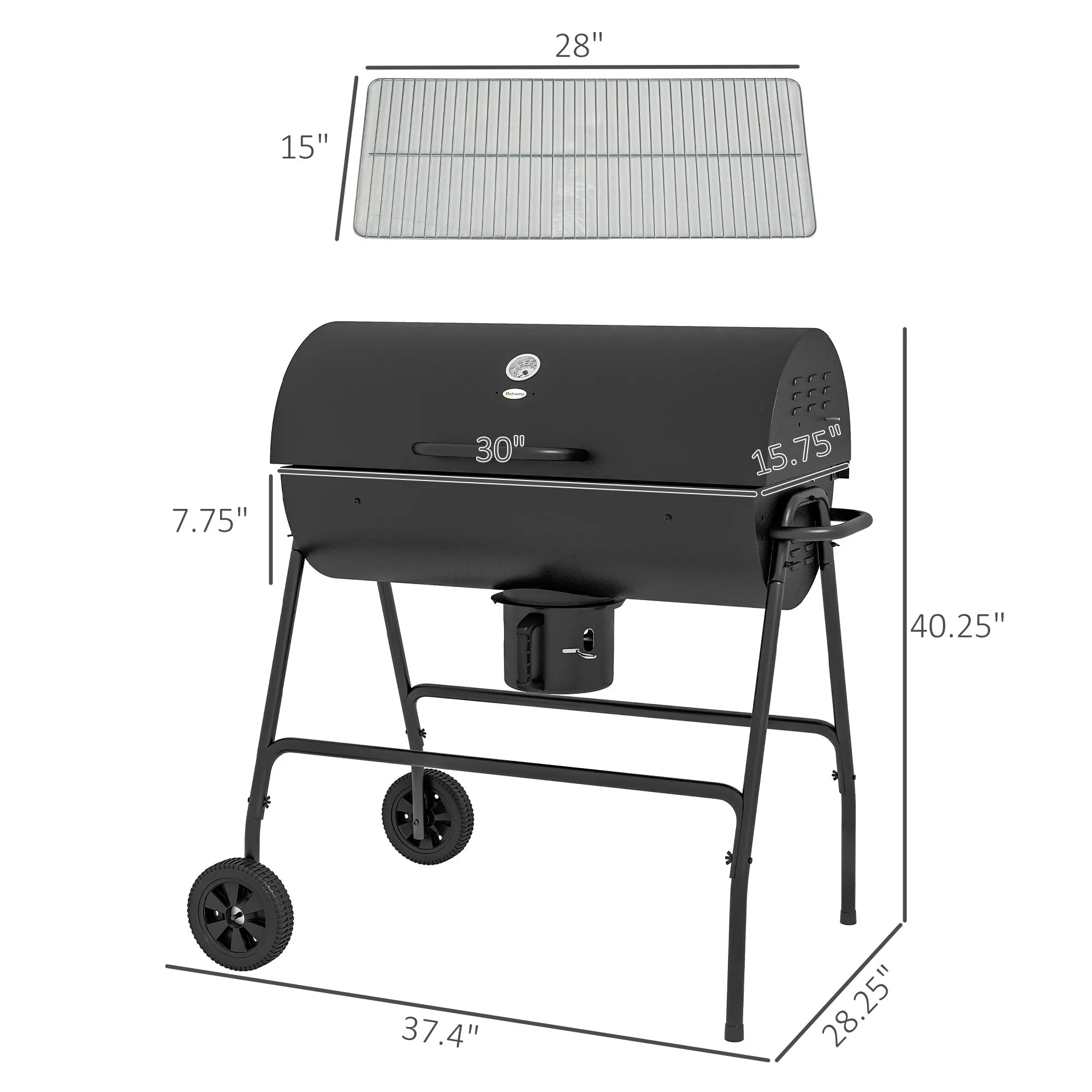 420 sq.in Charcoal BBQ Grill with Wheels, Ash Catcher, Black