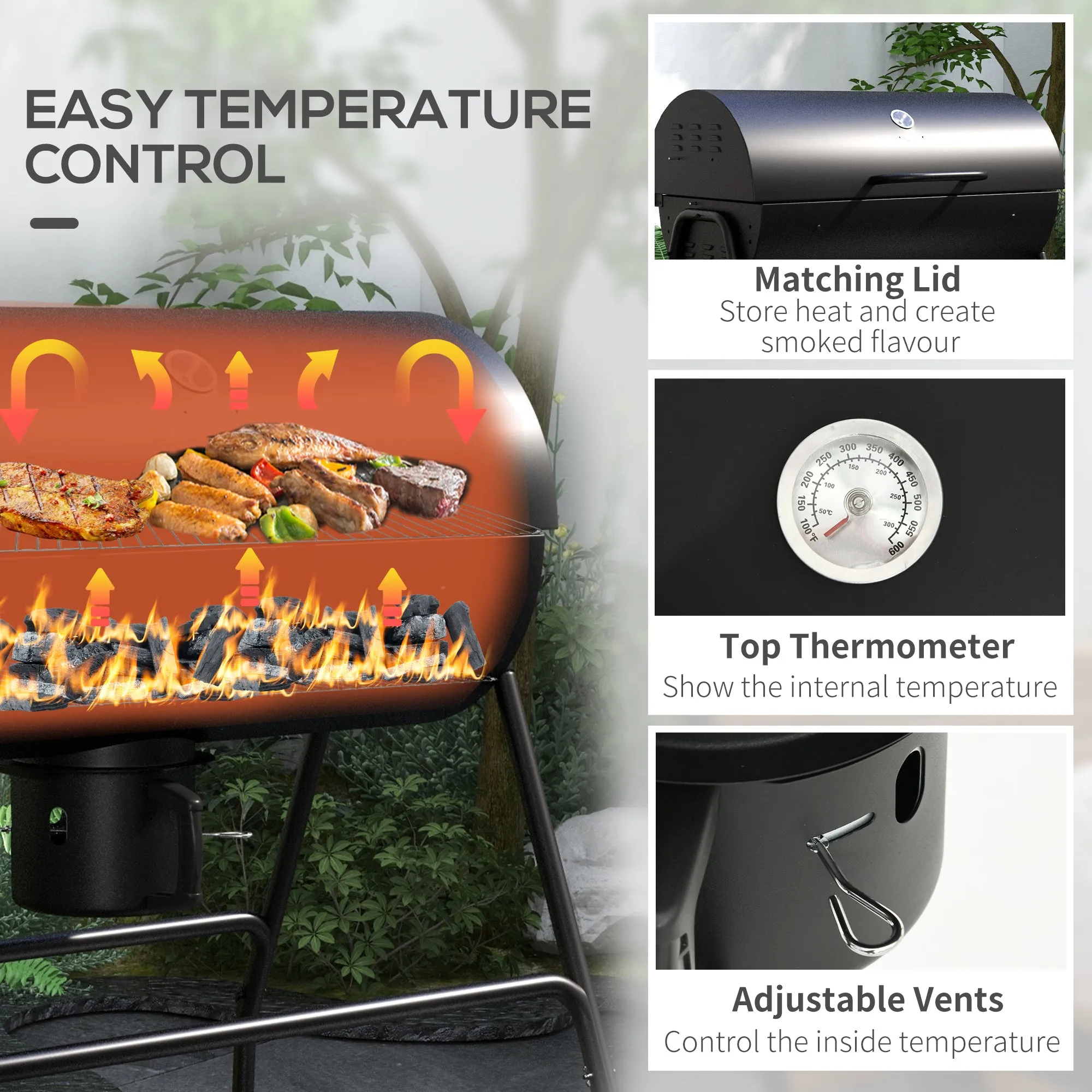 420 sq.in Charcoal BBQ Grill with Wheels, Ash Catcher, Black