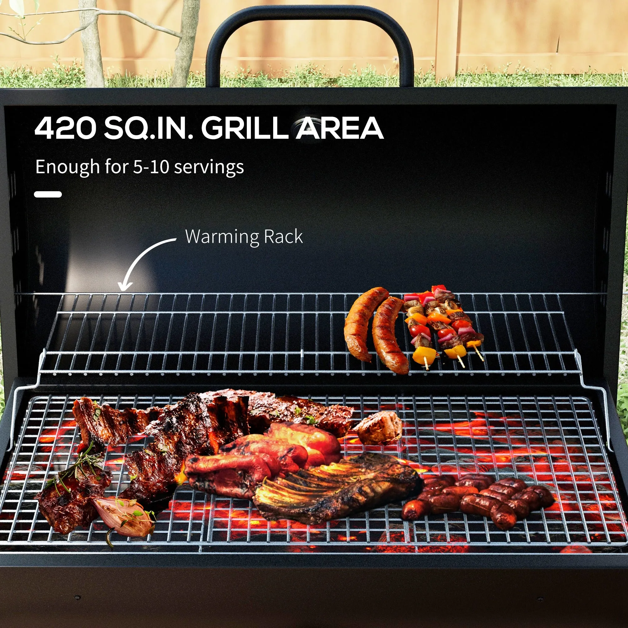 420 sq.in Charcoal BBQ Grill with Wheels, Ash Catcher, Black