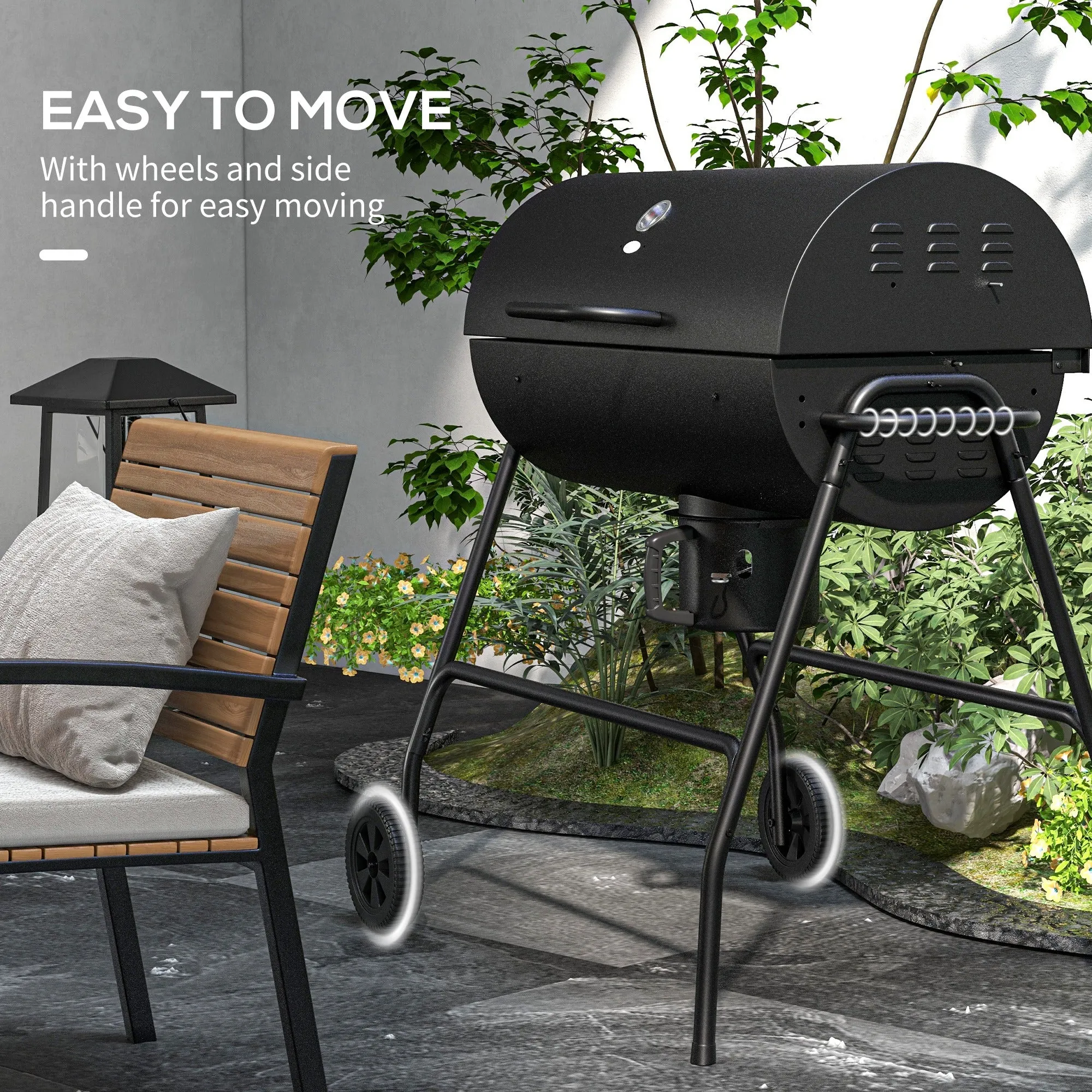 420 sq.in Charcoal BBQ Grill with Wheels, Ash Catcher, Black