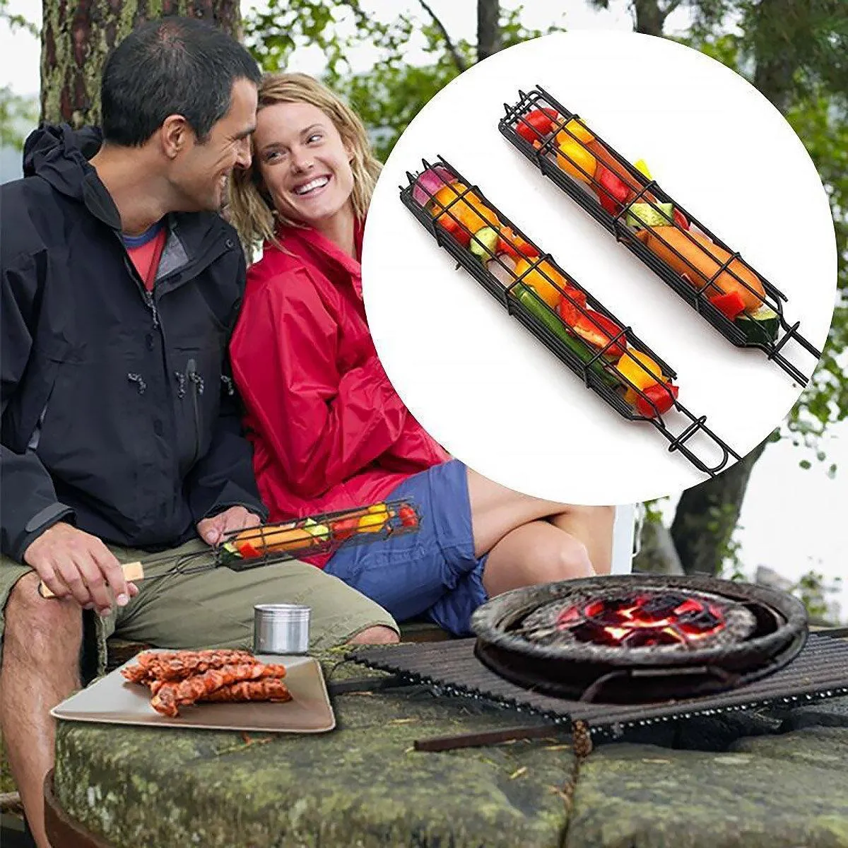 4PCS Outdoor BBQ Grill Basket Wooden Handle Sausage Hot Dog Corn Grilling Net