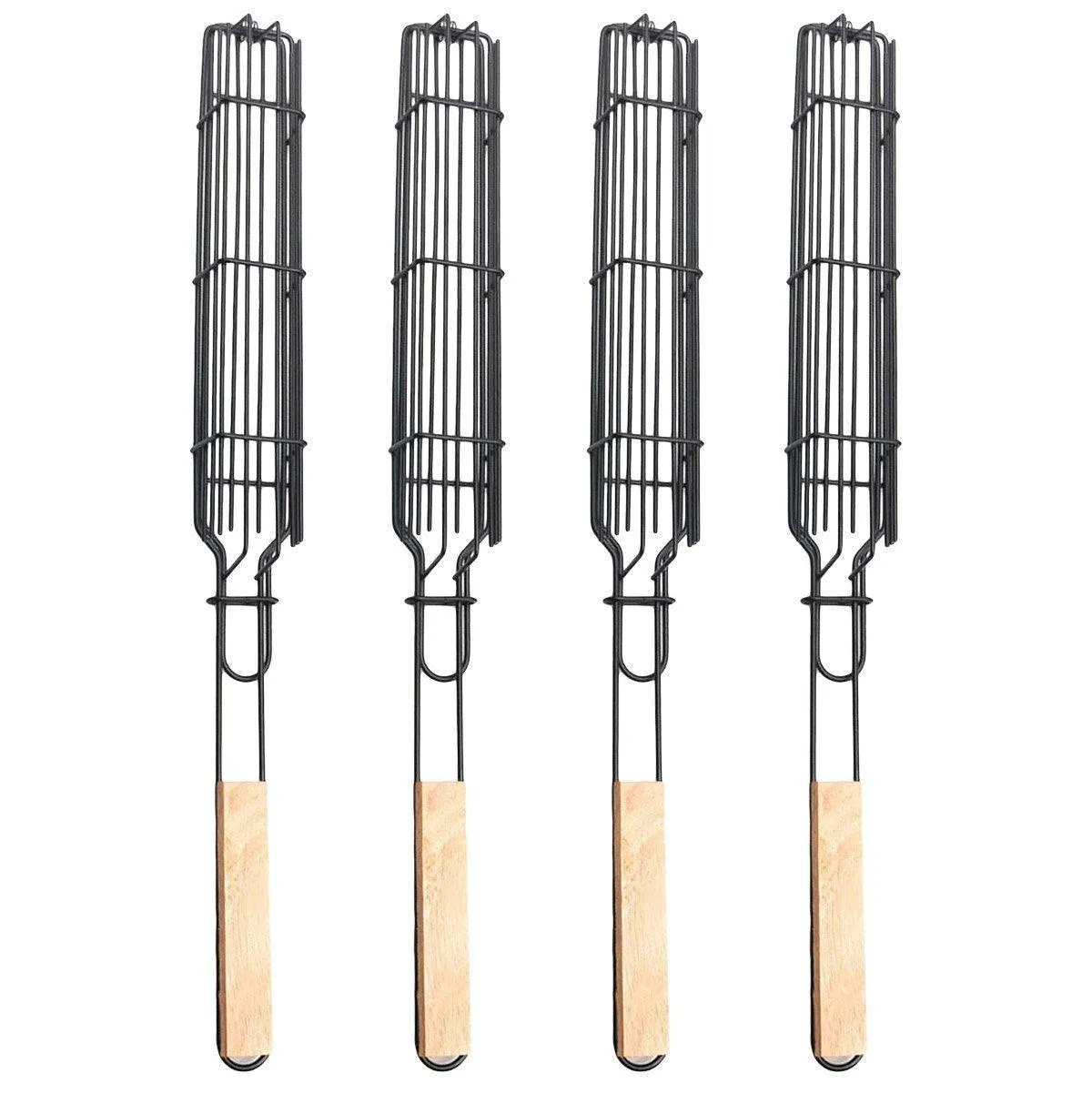 4PCS Outdoor BBQ Grill Basket Wooden Handle Sausage Hot Dog Corn Grilling Net