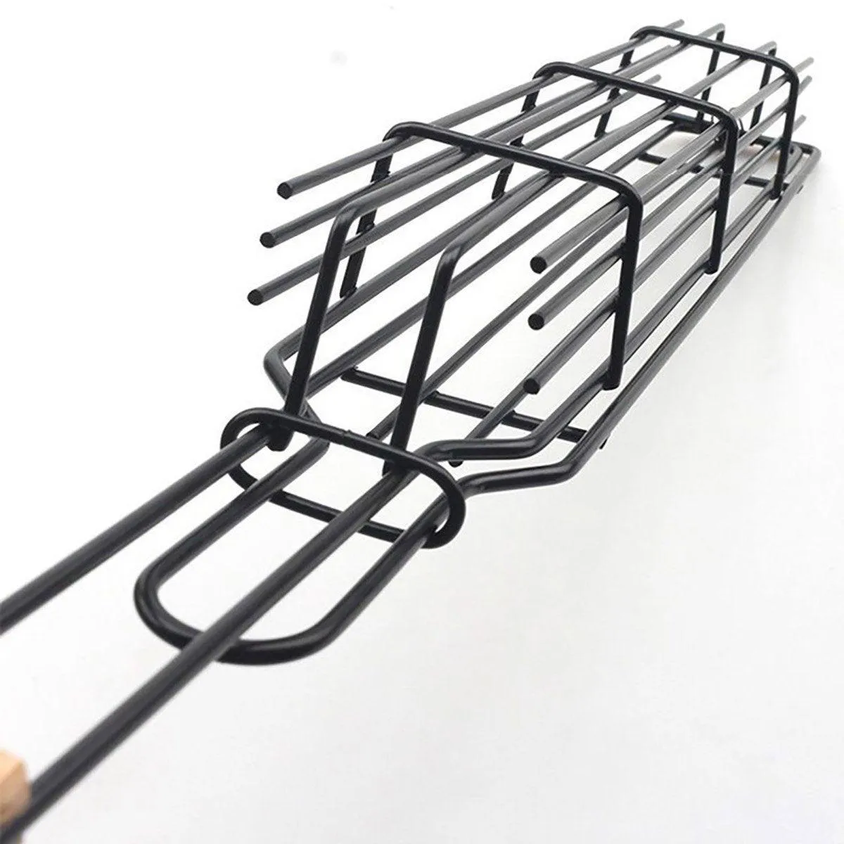 4PCS Outdoor BBQ Grill Basket Wooden Handle Sausage Hot Dog Corn Grilling Net