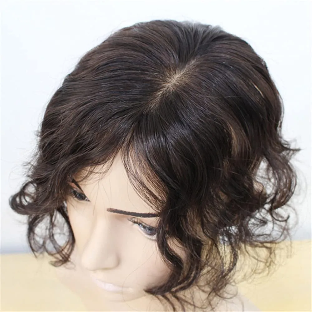 5x8cm Women Hair Wig hand made mono base Natural Human Hair Top HairPiece Replacement One Piece Clip in Hair Crown Extension (Curly Dark Brown)