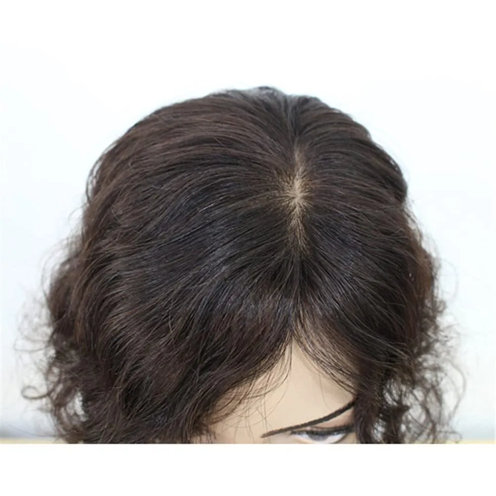 5x8cm Women Hair Wig hand made mono base Natural Human Hair Top HairPiece Replacement One Piece Clip in Hair Crown Extension (Curly Wine Red)