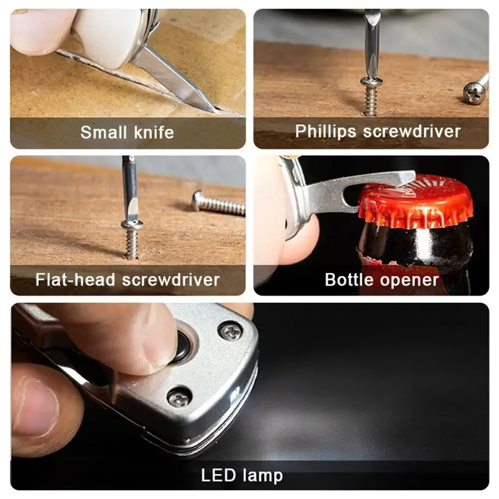 6-in-1 Folding Mini Screwdriver with LED Flashlight Keychain Knife Bottle Opener Portable Camping Hiking Gears Kit Repair Tools