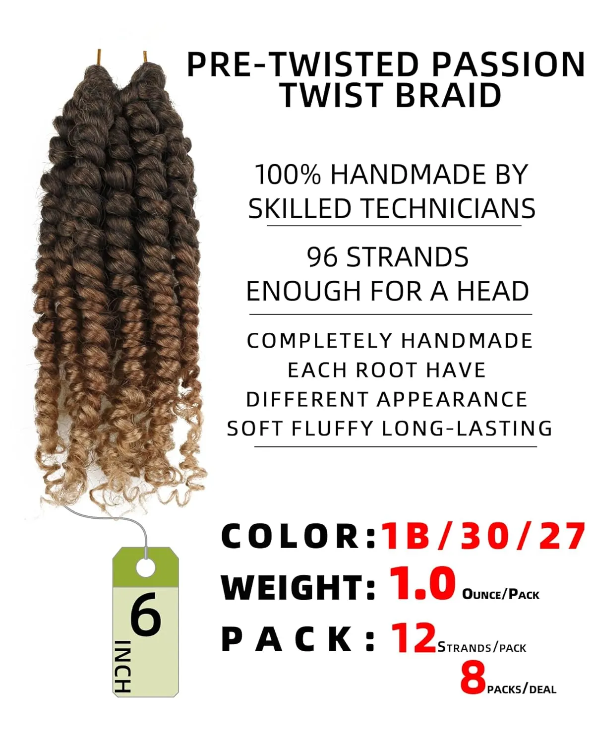 6 Inches 8 Packs Super Short Passion Twist Crochet Hair for Black Women and Kids-3 Tones Ombre Black to Brown Blonde, Pre Looped Pretwisted Crochet Hair Extension (6"-8 Packs,T1B/30/27)