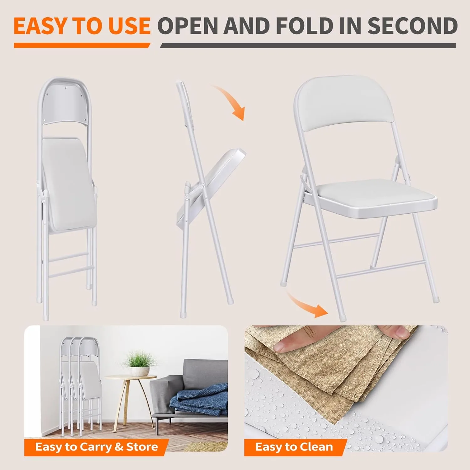 6 Pack Folding Chairs with Cushion – Padded Comfortable Foam Seating White Space-Saving Foldable Chairs for Indoor Outdoor Weddings, Parties, Backyard & Office Events (White, 6 Pack)