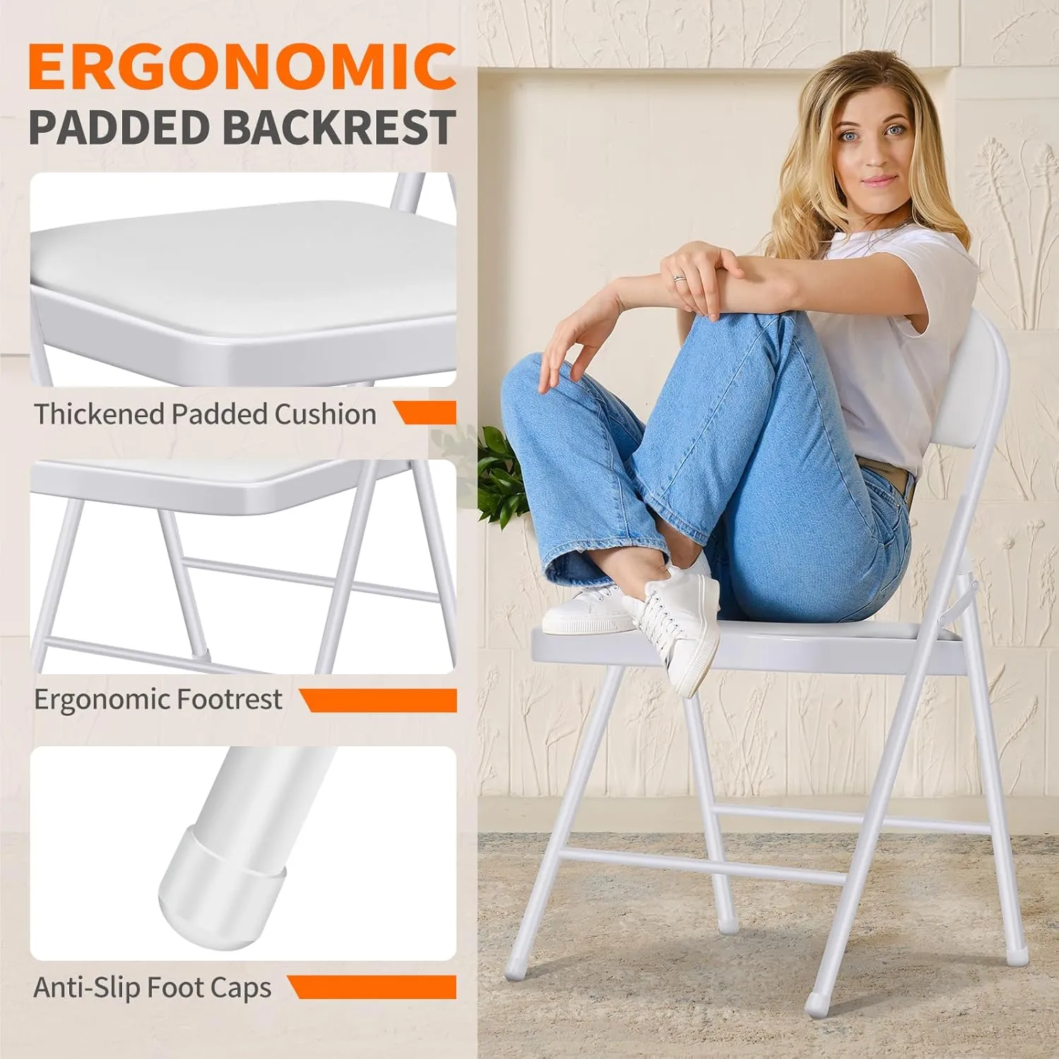 6 Pack Folding Chairs with Cushion – Padded Comfortable Foam Seating White Space-Saving Foldable Chairs for Indoor Outdoor Weddings, Parties, Backyard & Office Events (White, 6 Pack)