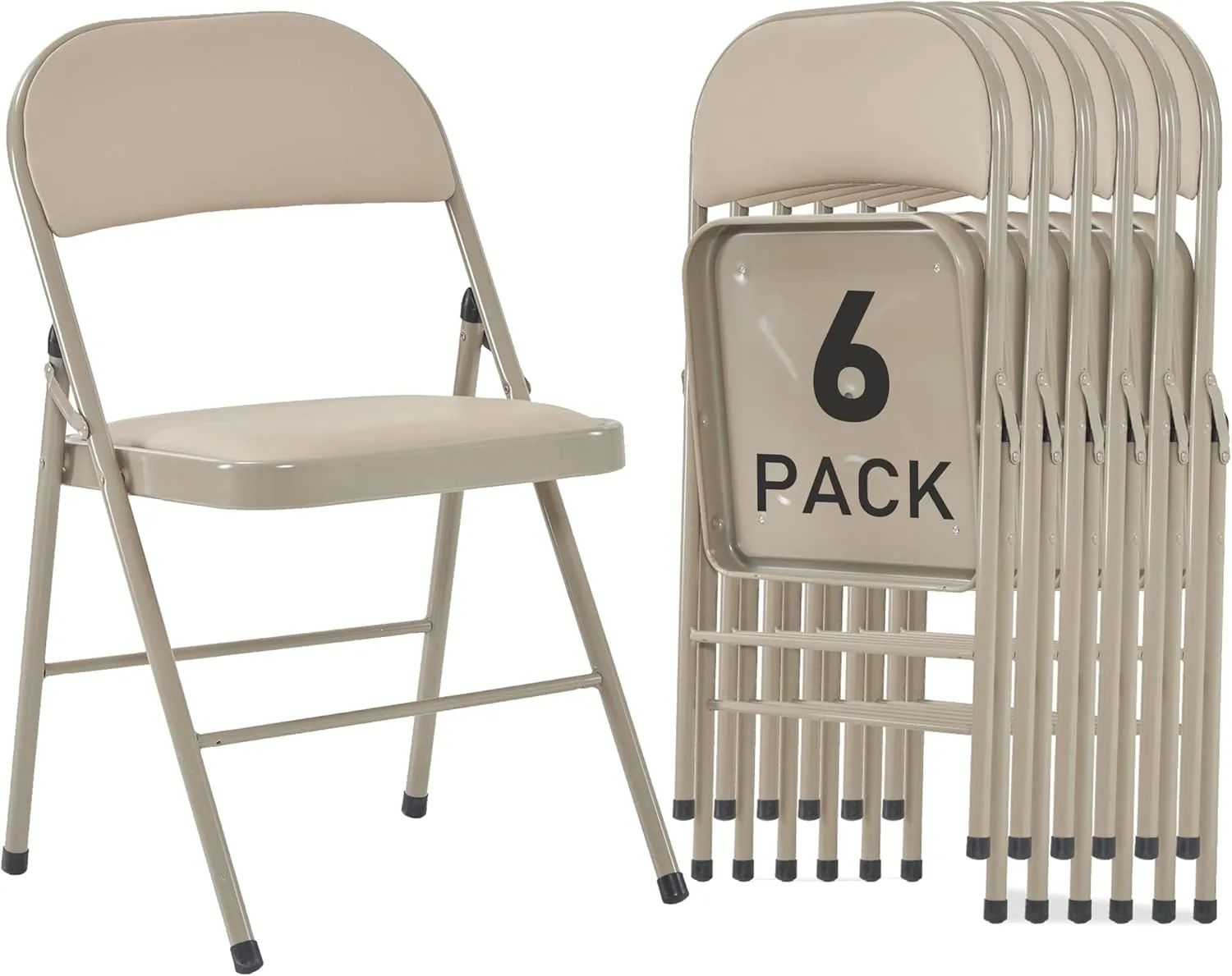 6 Pack Khaki Folding Chairs with Padded Cushion and Back for Outside Portable Stackable Commercial Foldable Chairs with Steel Frame for Events Office Wedding Party, 330lbs Capacity