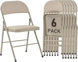 6 Pack Khaki Folding Chairs with Padded Cushion and Back for Outside Portable Stackable Commercial Foldable Chairs with Steel Frame for Events Office Wedding Party, 330lbs Capacity