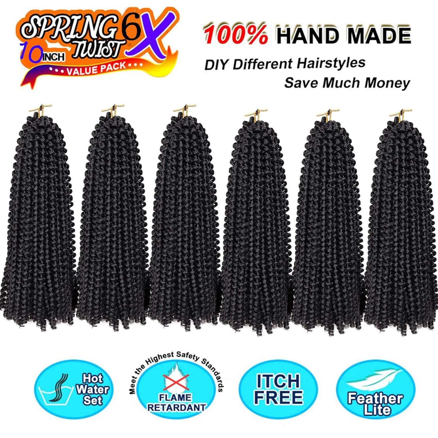 6 Packs Spring Twist Braiding Hair Spring Twists Bomb Twist Hair Synthetic Fiber Fluffy Twist Crochet Braids Low Temperature Twist Crochet Hair for Women Braiding Hair(10inch,1B)